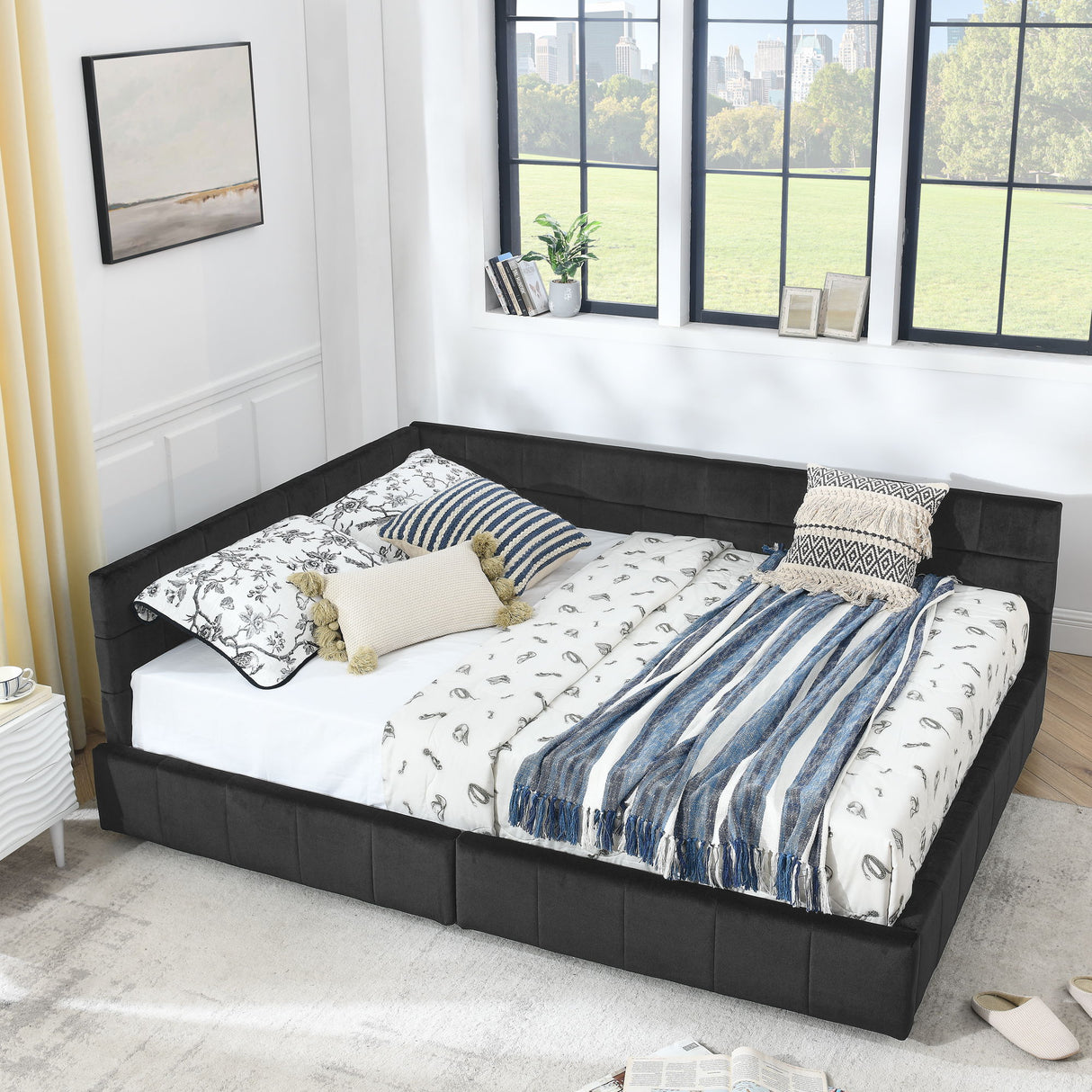 Storage Elegant Upholstered Tufted Bed Frame With Backrest And Armrests
