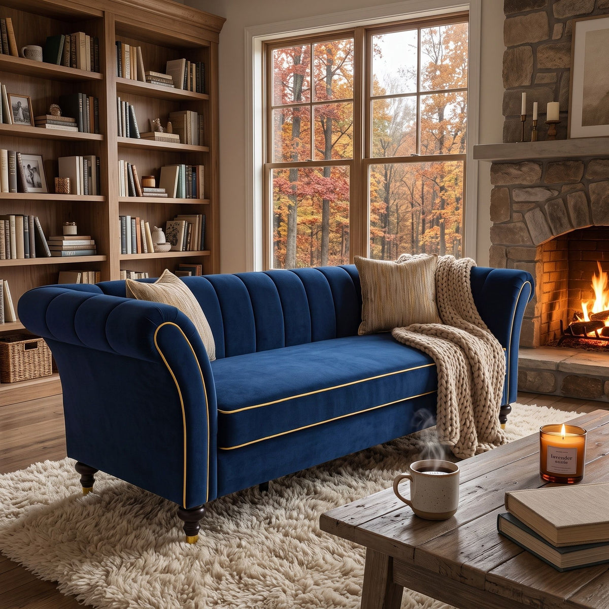 3 Seater Sofa With Rolled Arms, Vertical Channel Tufted Backrest