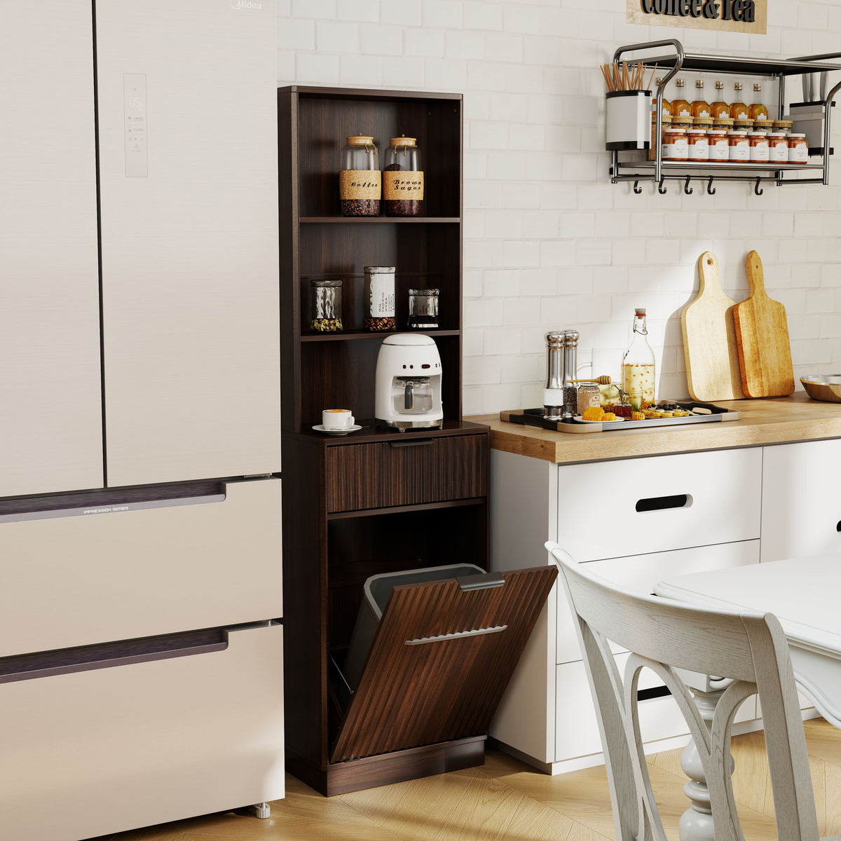 Tall Narrow Fluted Storage Cabinet With Trash Bin Compartment For Kitchen (Trash Can Not Included)