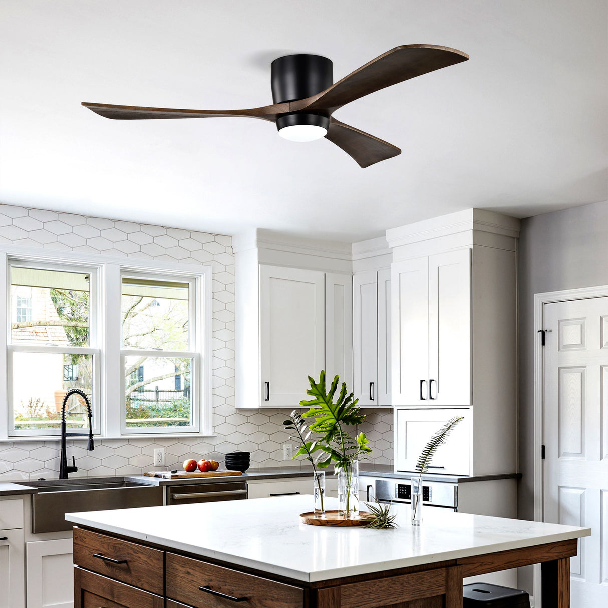 Flush Mount Blades Ceiling Fan With Lights Remote Control, Quiet DC Motor, 6 Speed, Reversible Ceiling Fan For Living Room - Matte Black