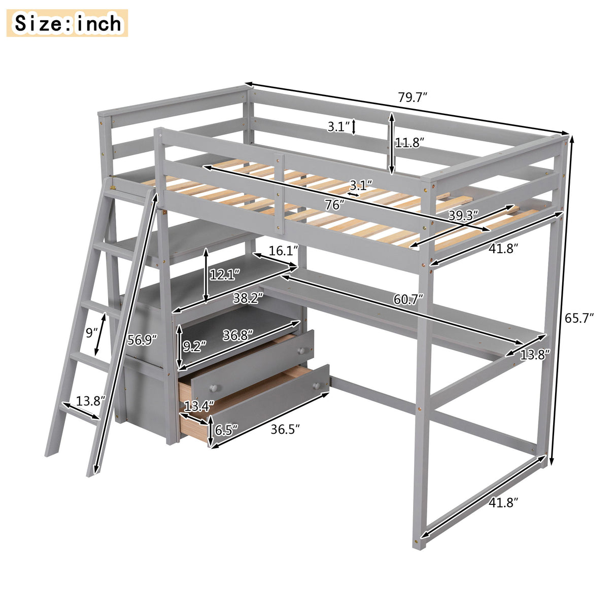 Modern Loft Bed With Built In Desk, Shelves, And 2 Drawers