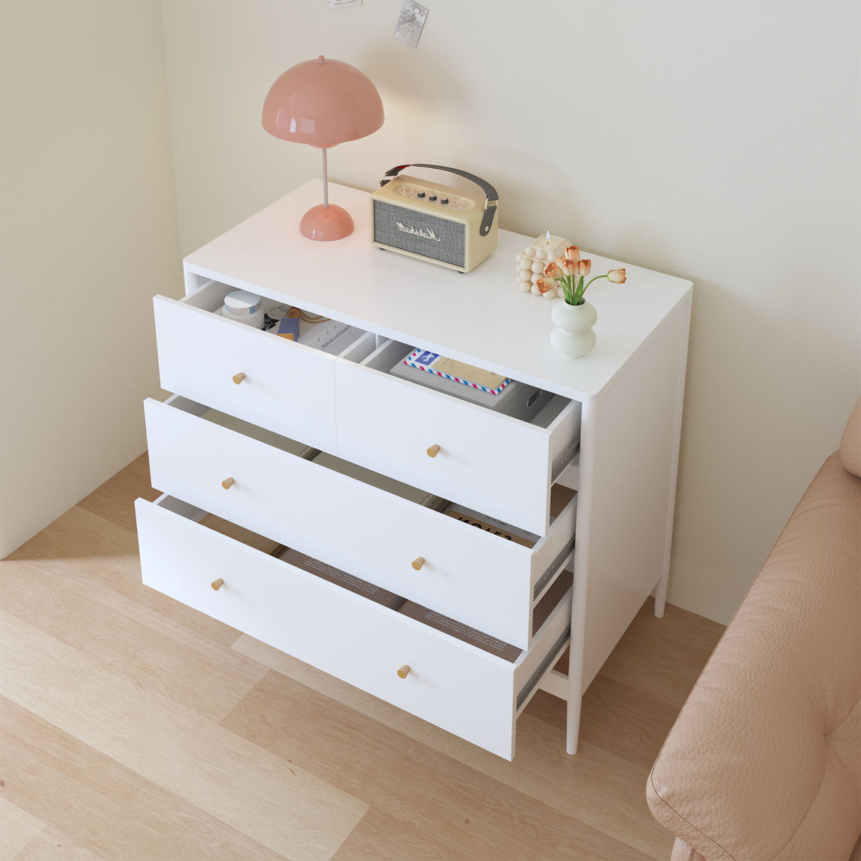 4 Drawer Kids Dresser With Antique Brass Pulls - White