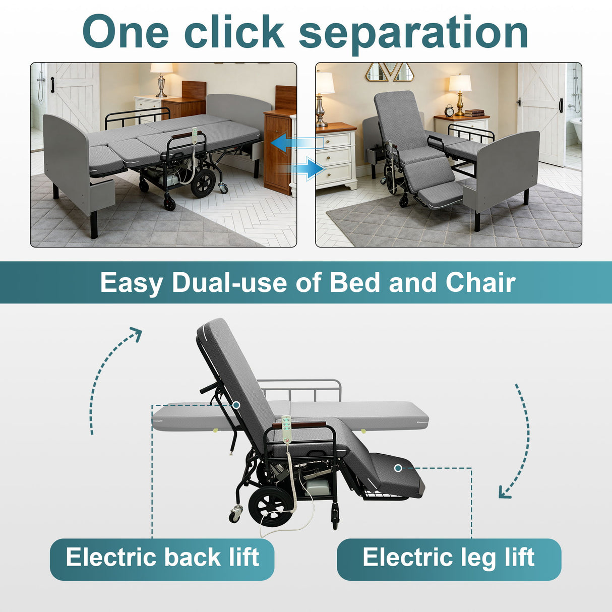 Dual Motor 3 In 1 Electric Nursing Bed Convertible To Wheelchair & Stretcher - Gray