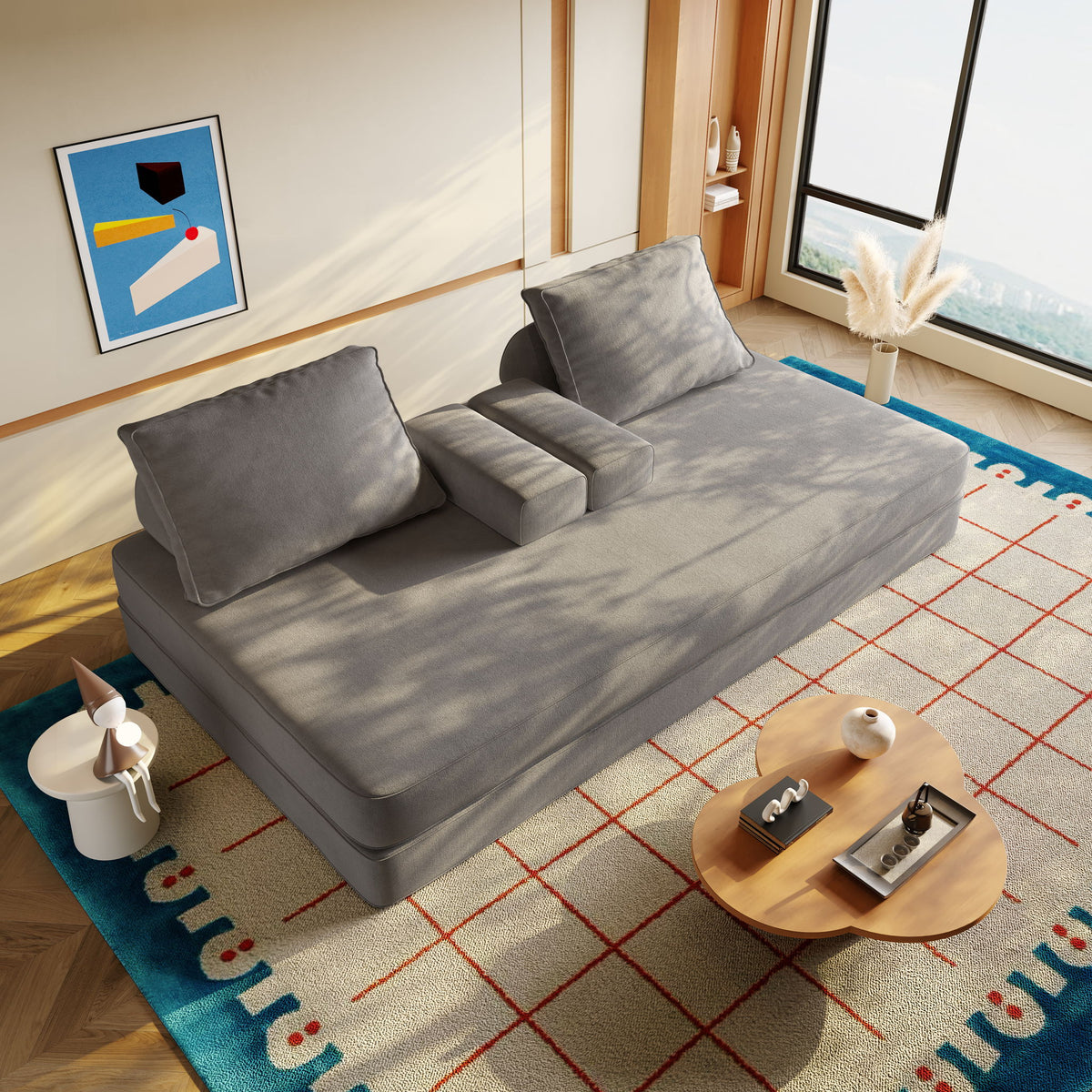 Multifunctional Convertible Sofa Bed With 2 Tumbler Backrests And 2 Pillows, Deep Seat Couch