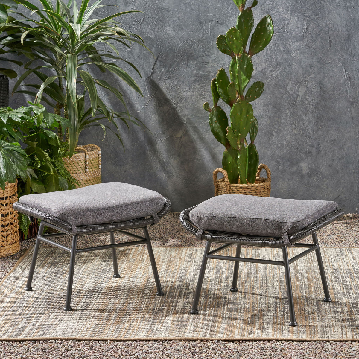 Outdoor Modern Boho Wicker Ottoman With Cushions (Set of 2)