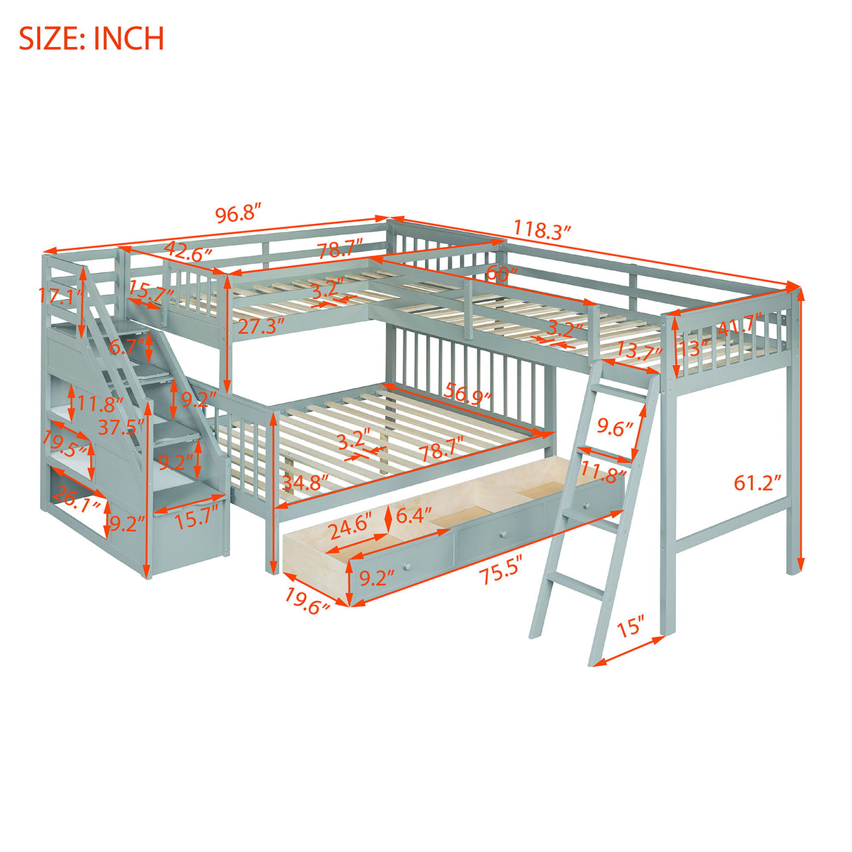 Solid L Shaped Bunk Bed With 3 Drawers, Ladder And Staircase