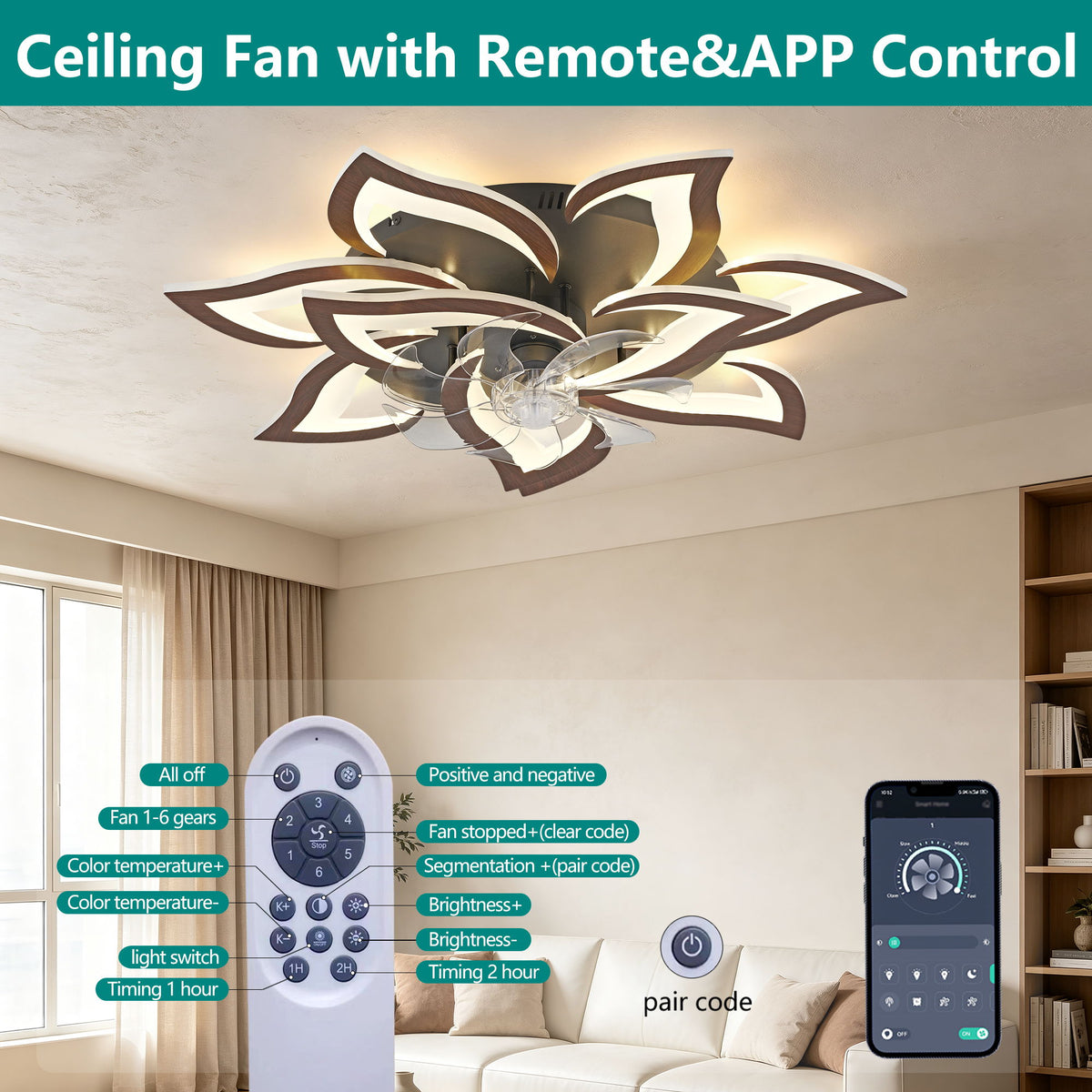 32" Flower Ceiling Fan With LED Dimmable Light, Low Profile Flush Mount Fan With Remote Control, 6 Speeds
