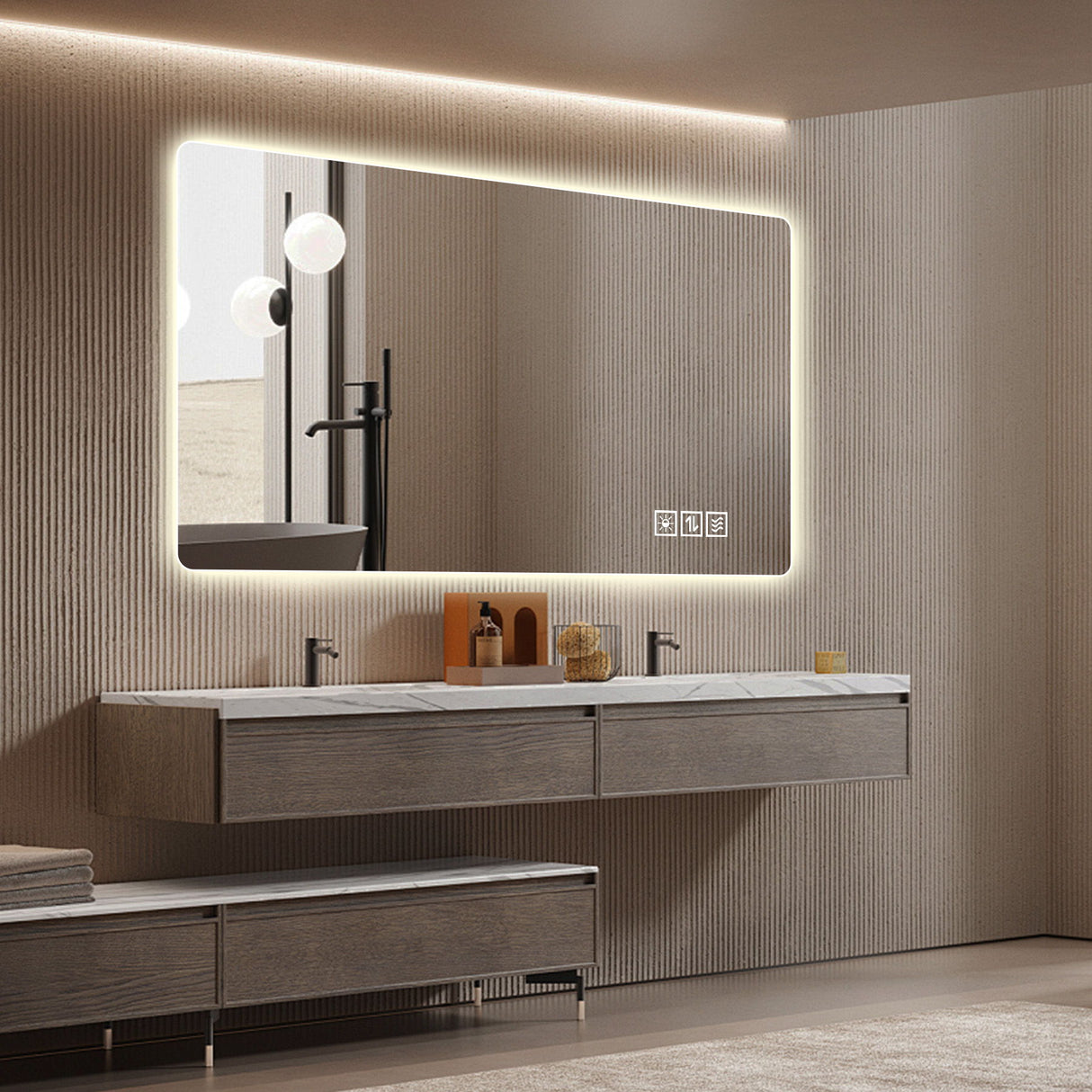 Wall Mounted LED Lighting Mirror With 3 Color Lighting, Dimming, Waterproof, Anti Fog, Touch Switch - Silver