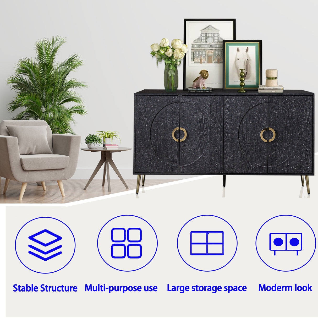 Modern Sideboard Buffet Server Cabinet Lacquered Wood Storage 60x31in