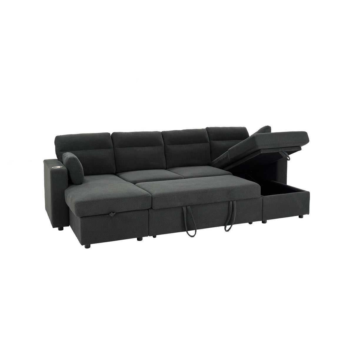 Convertible Sectional Sofa With Storage Chaise, Cup Holders And Pull Out Sleeper
