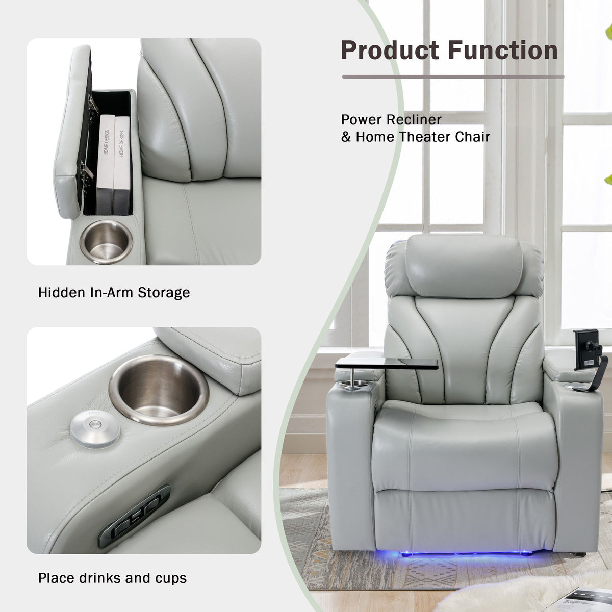 Power Motion Recliner Electric Power Recliner With USB Charging Port, Hidden Arm Storage, Convenient Cup Holder And tooth Speaker