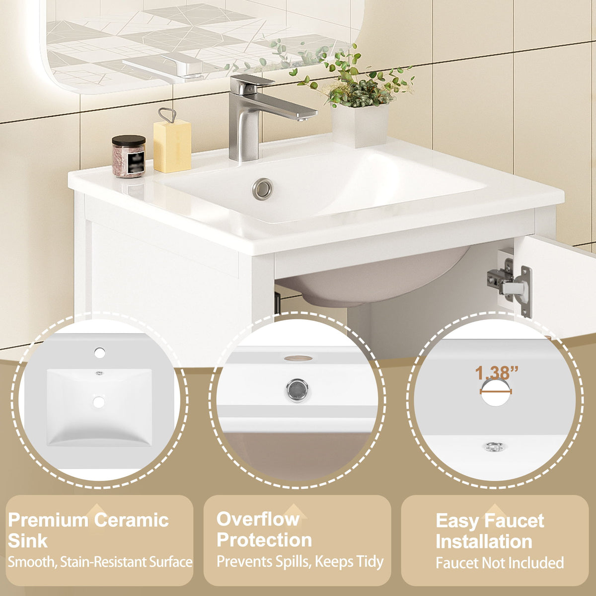 Bathroom Vanity With Ceramic Sink, Soft Close Drawers, Door Organizer, Divider Drawer, Adjustable Foot Pads