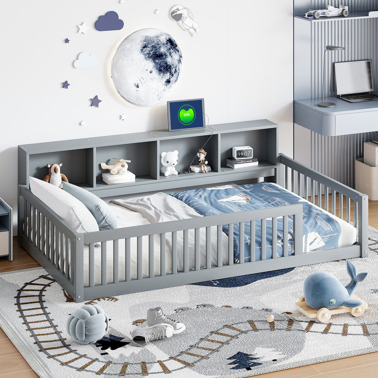 Floor Bed With Storage Cabinets And USB Ports