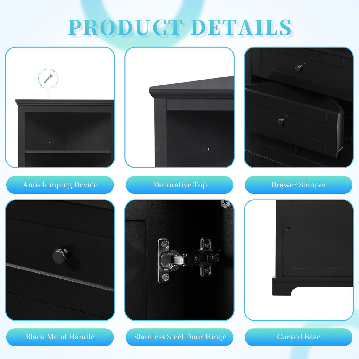 Tall Storage Cabinet With 3 Drawers And Adjustable Shelves For Bathroom