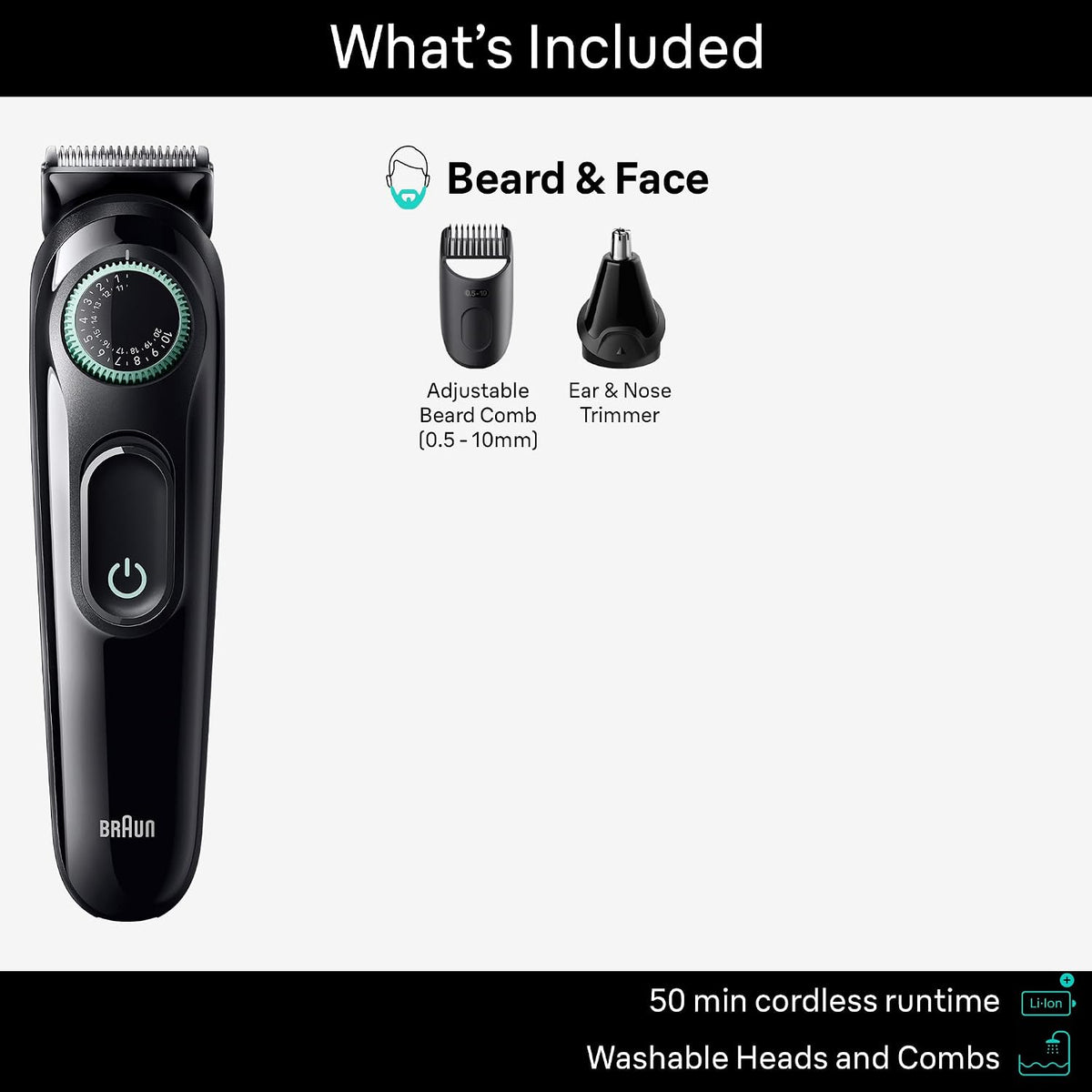Braun AIO3430 kit with 0.5–10 mm adjustable beard comb and ear and nose attachment