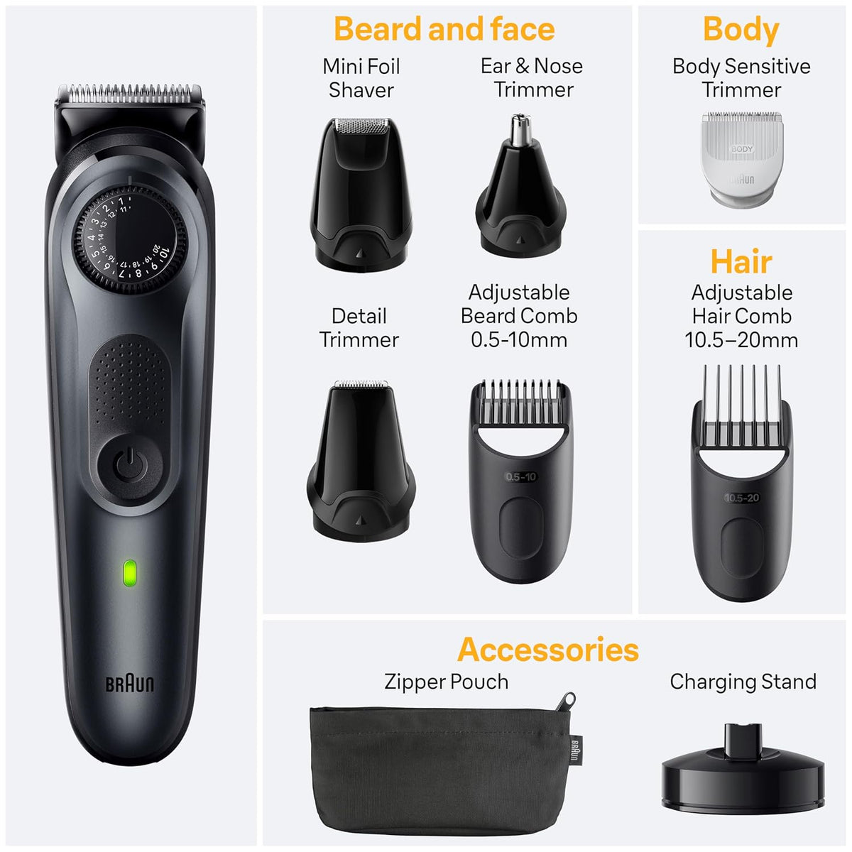 Braun AIO5490 kit contents with attachments, zipper pouch and charging stand