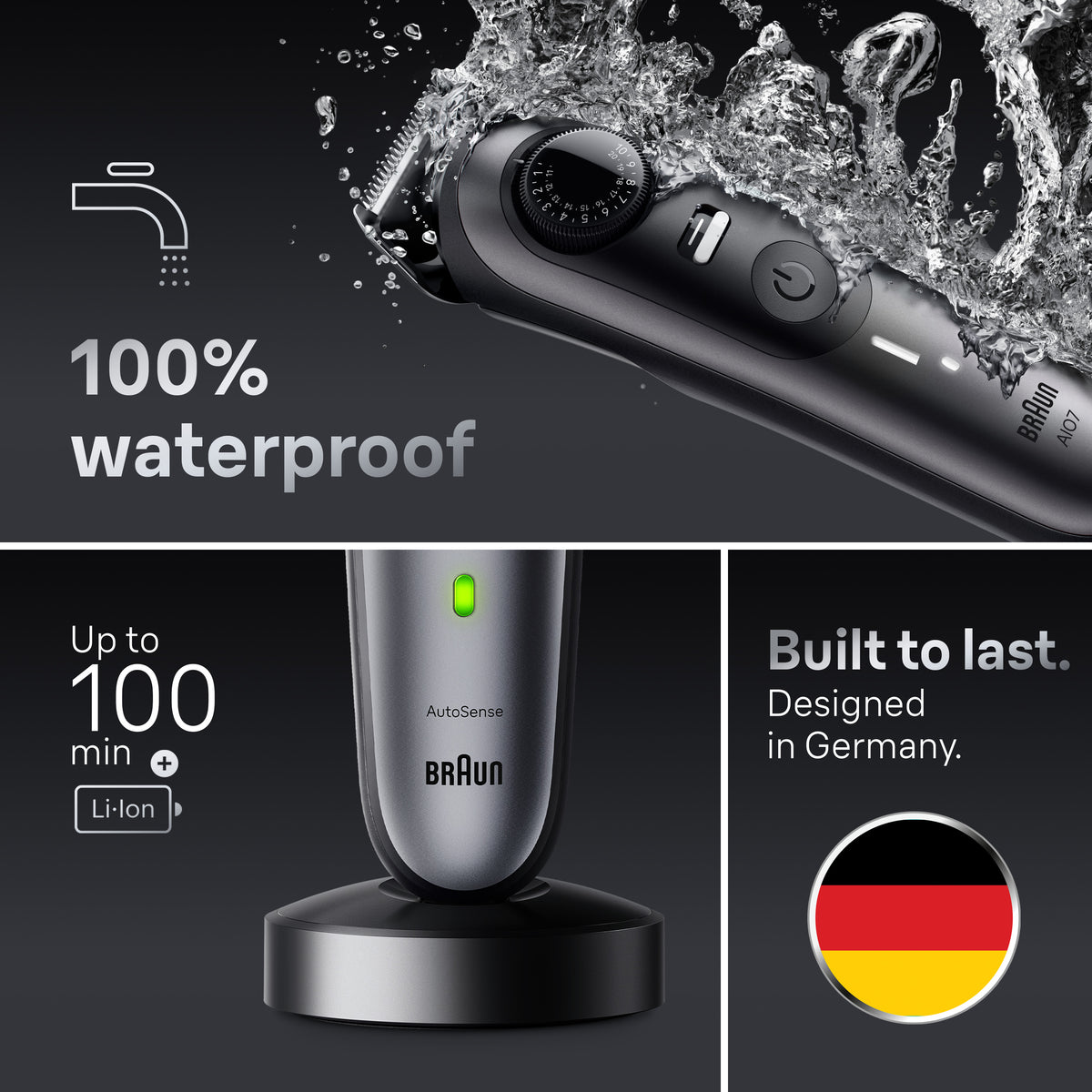 Braun AIO7440 waterproof design and 100-minute cordless runtime