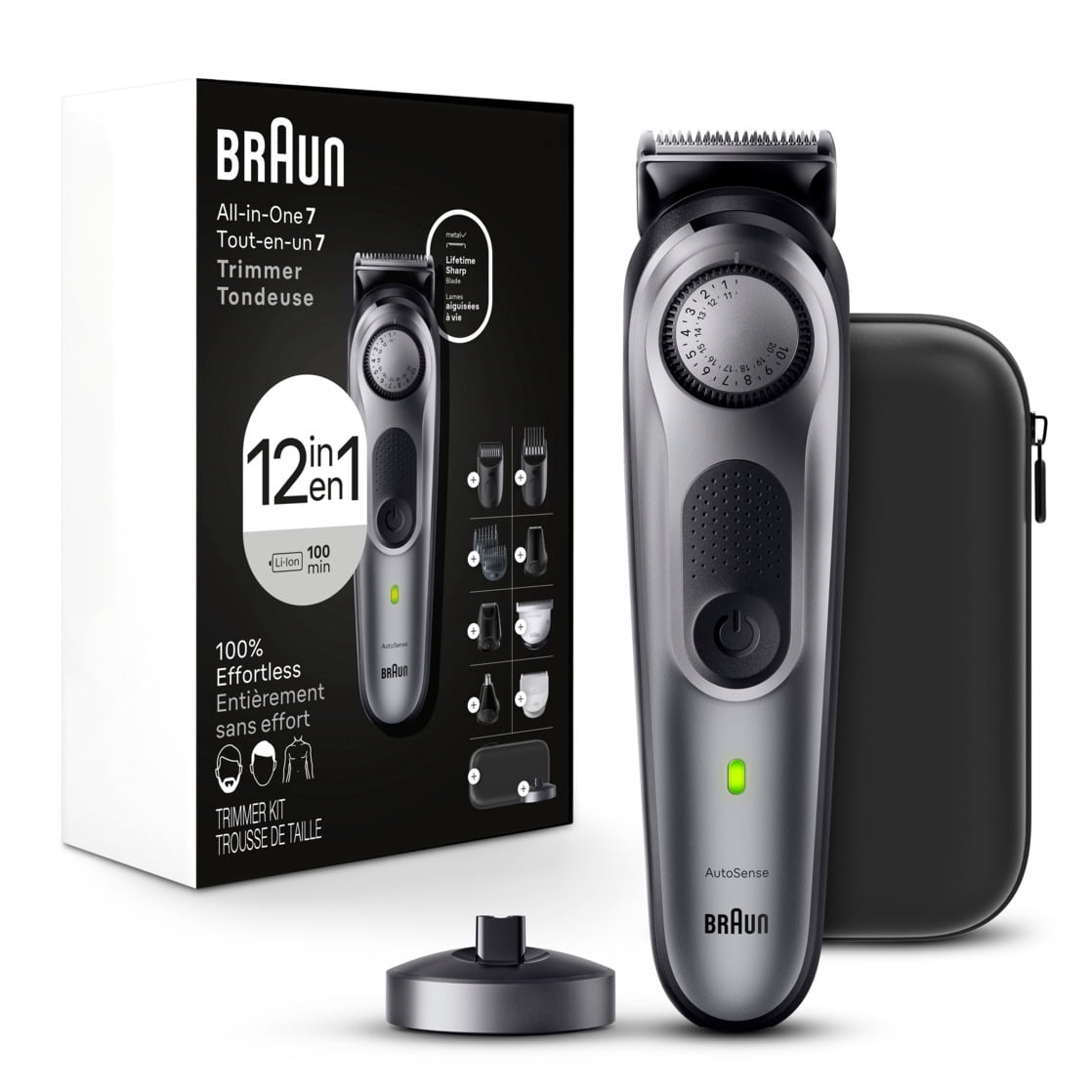Braun AIO7440 Series 7 trimmer, stand, organizer case and bilingual kit packaging