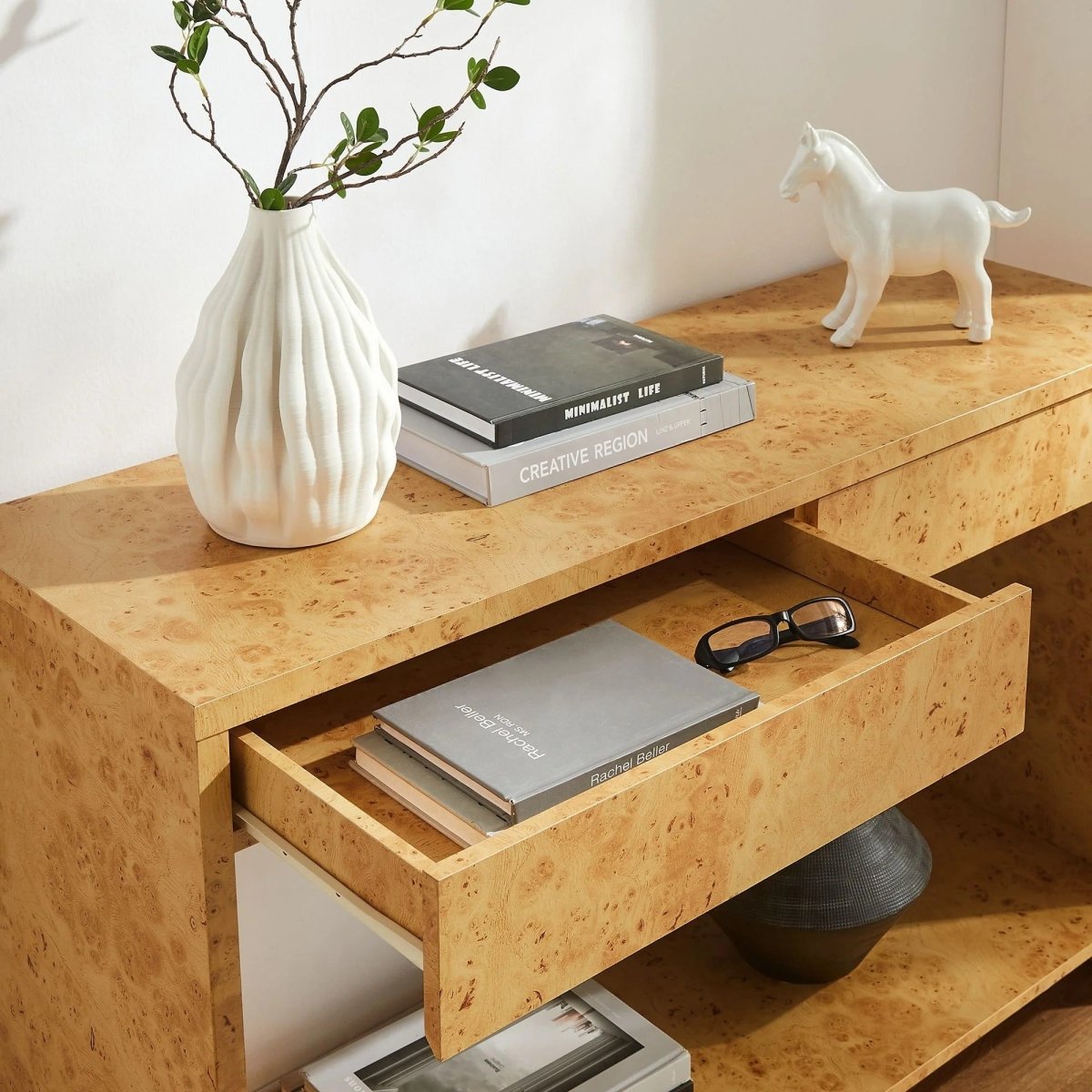 Burl Wood Console Table with 2 Drawers and Shelf – 47 Inch - Ottomans available at Alpine Outlets in Denver