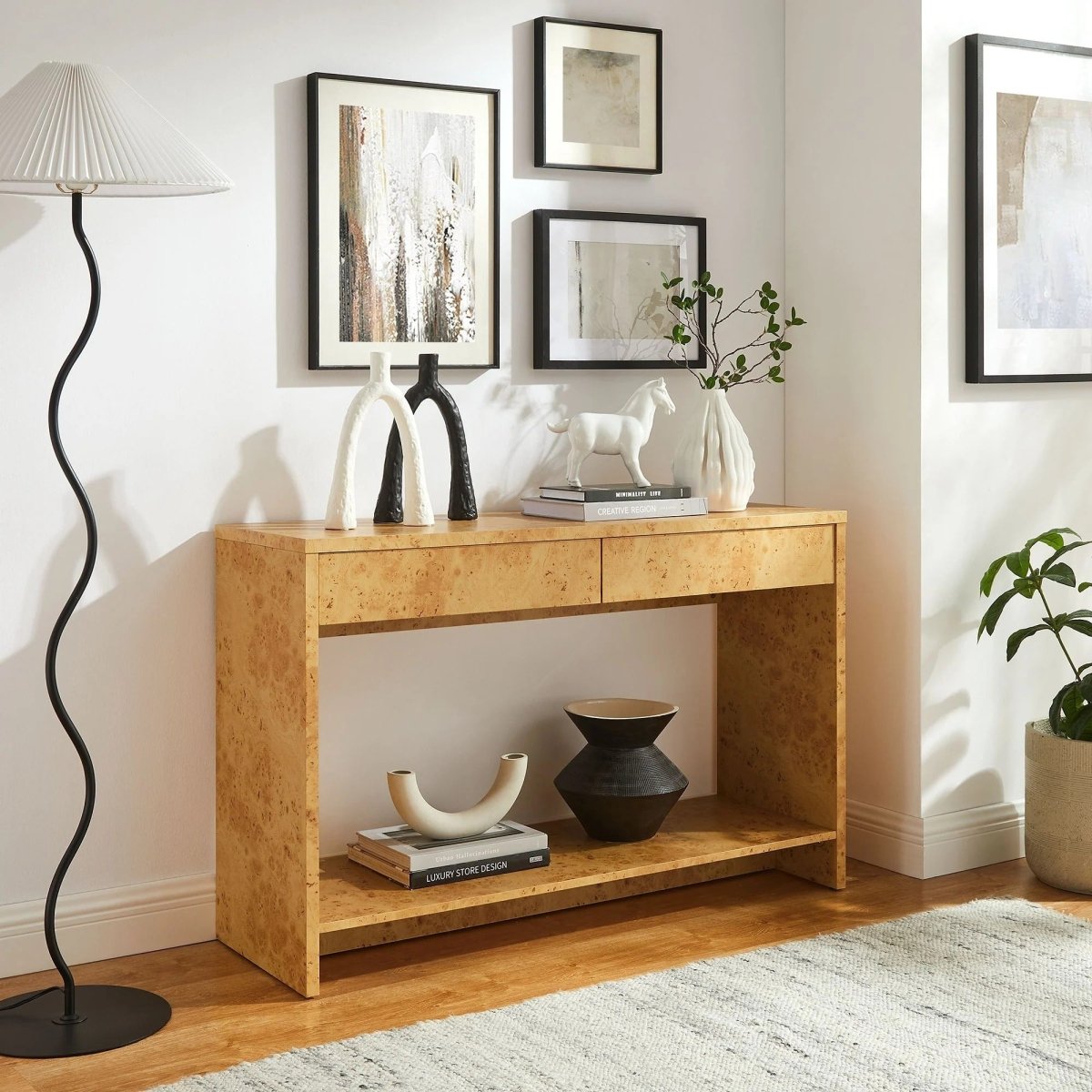 Burl Wood Console Table with 2 Drawers and Shelf – 47 Inch - Ottomans available at Alpine Outlets in Denver
