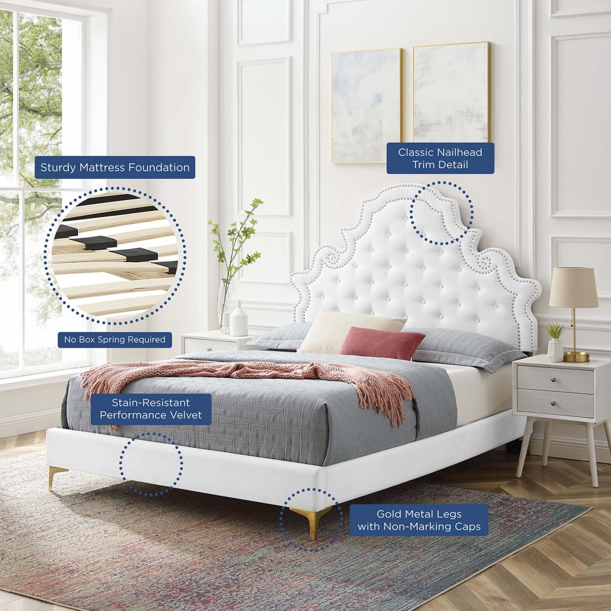 Button Tufted Performance Velvet Platform Bed with Nailhead Trim and Gold Metal Legs - Platform Bed available at Alpine Outlets in Denver