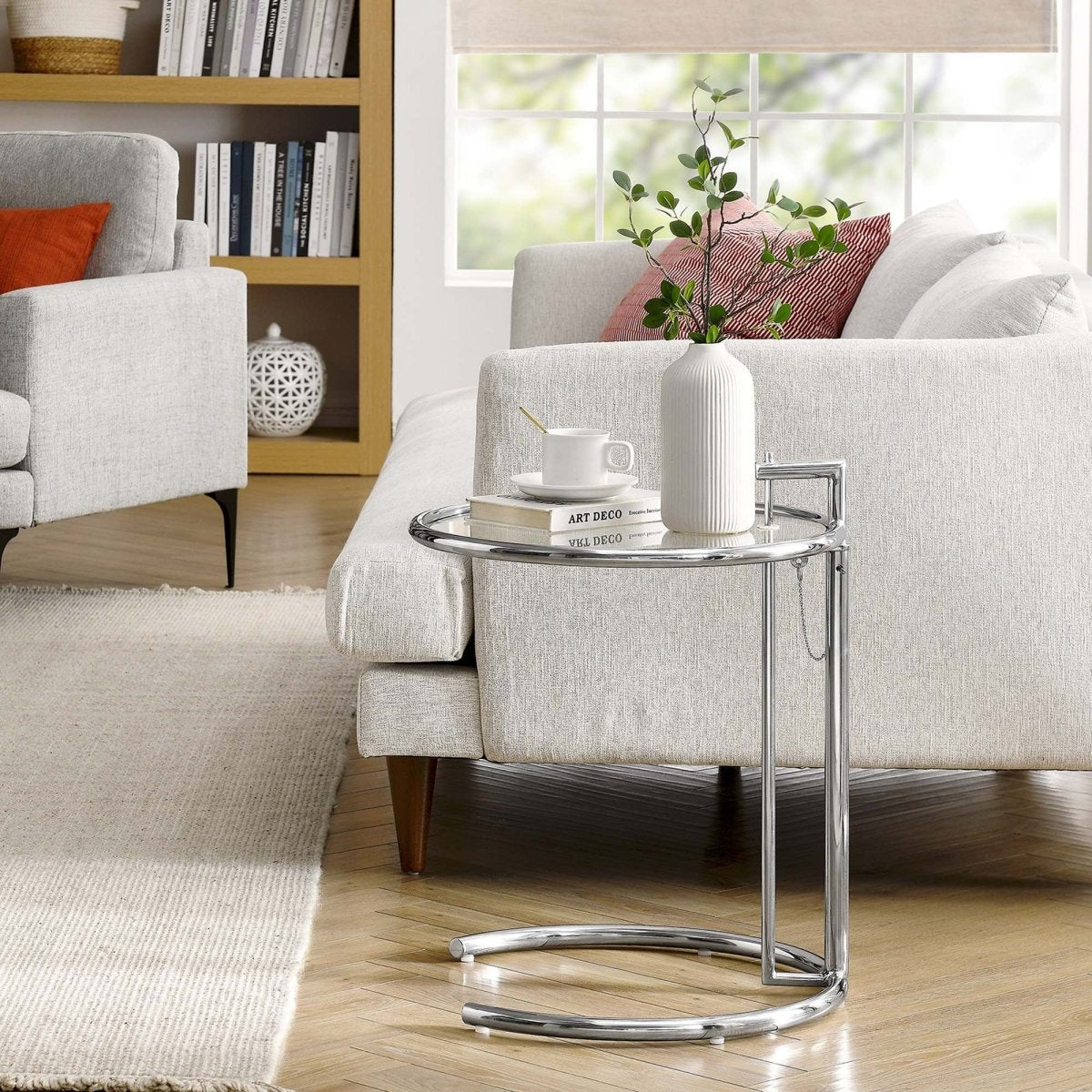 C Shaped Glass Side Table with Metal Frame β Adjustable 20 Inch - End & Side Tables available at Alpine Outlets in Denver