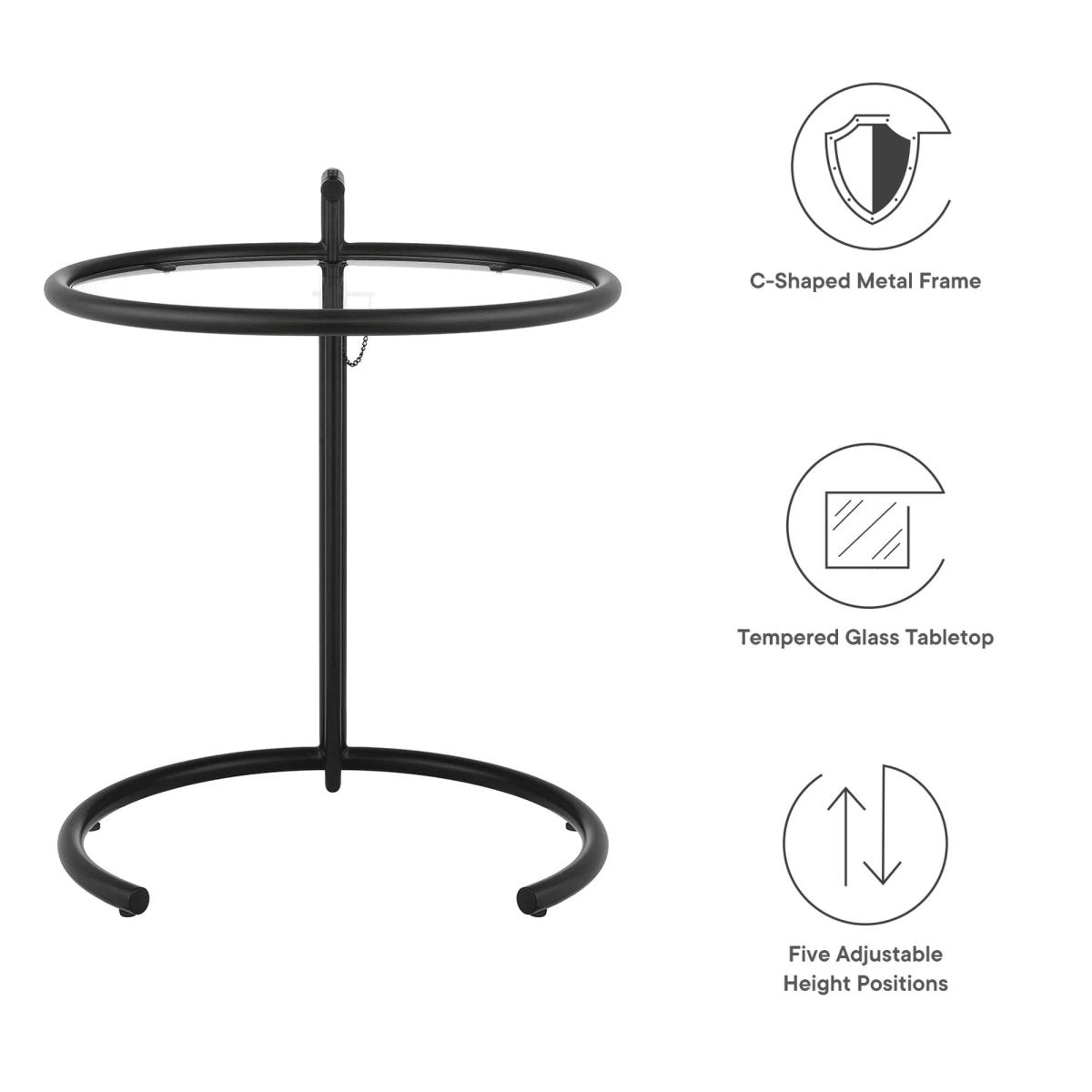 C Shaped Glass Side Table with Metal Frame β Adjustable 20 Inch - End & Side Tables available at Alpine Outlets in Denver
