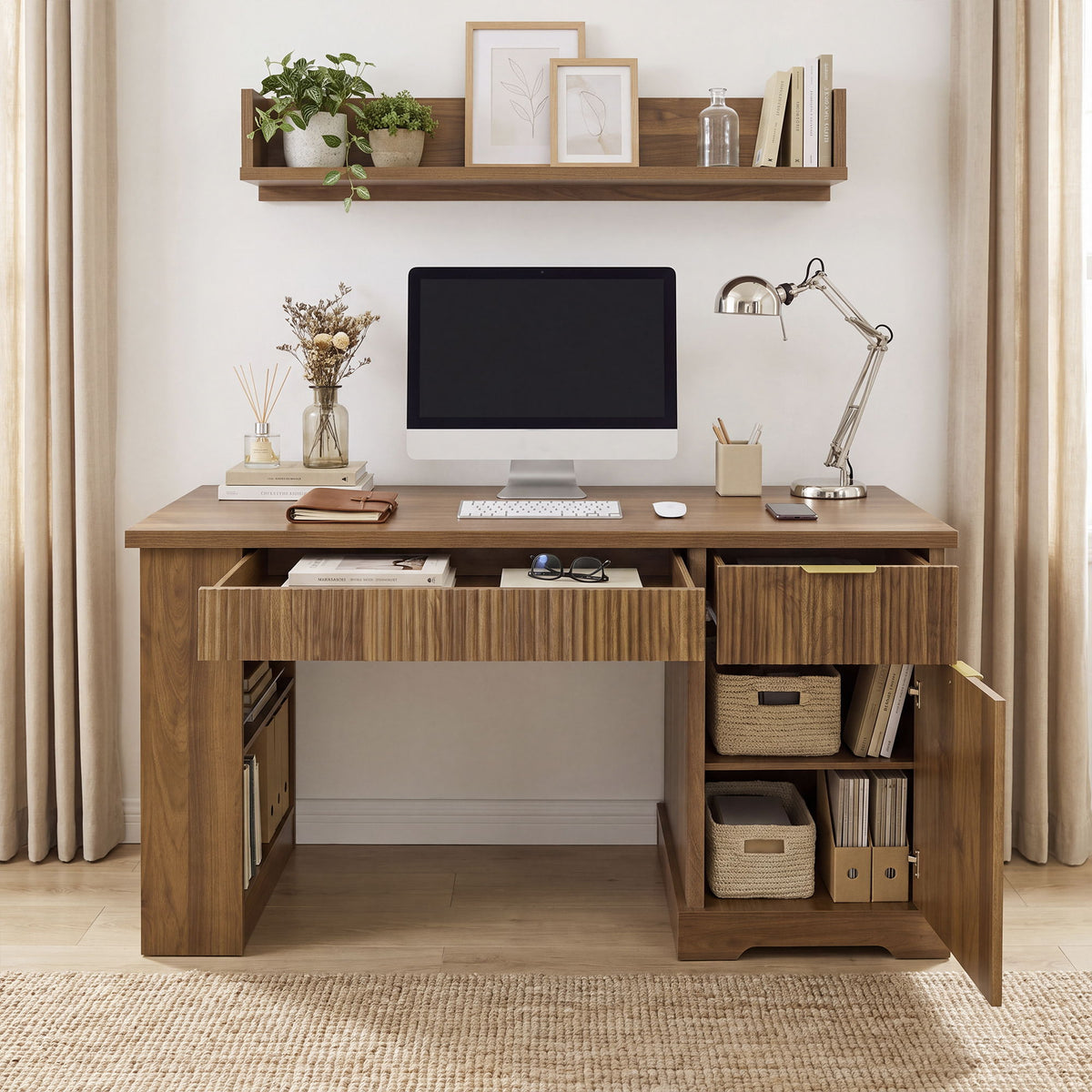 Modern Fluted Office Desk With Storage Cabinet
