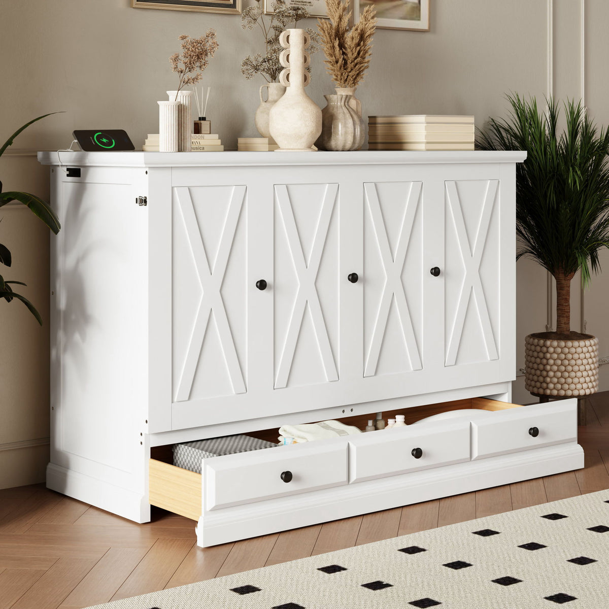 Full Solid Pine Murphy Bed Chest Cube Cabinet Bed With Charging Station And Large Storage Drawer For Home Office Or Small Room - White