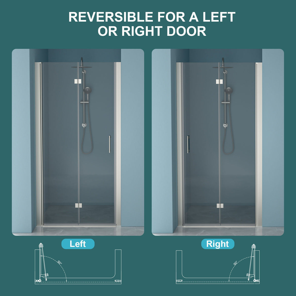 Fold Frameless Shower Door & Tempered Glass - Brushed Silver