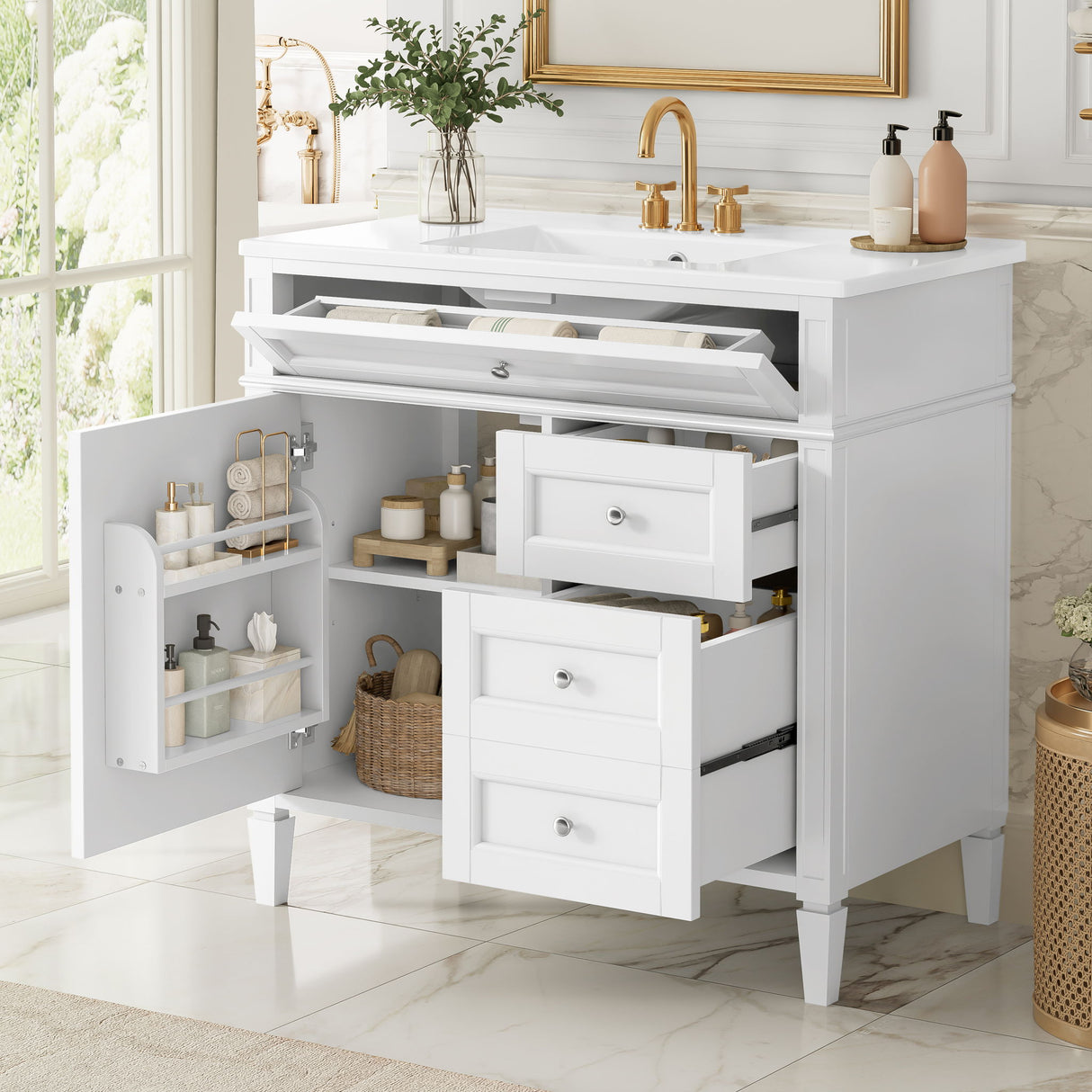 Bathroom Vanity With Top Sink, 2 Drawers, Tip Out Drawer
