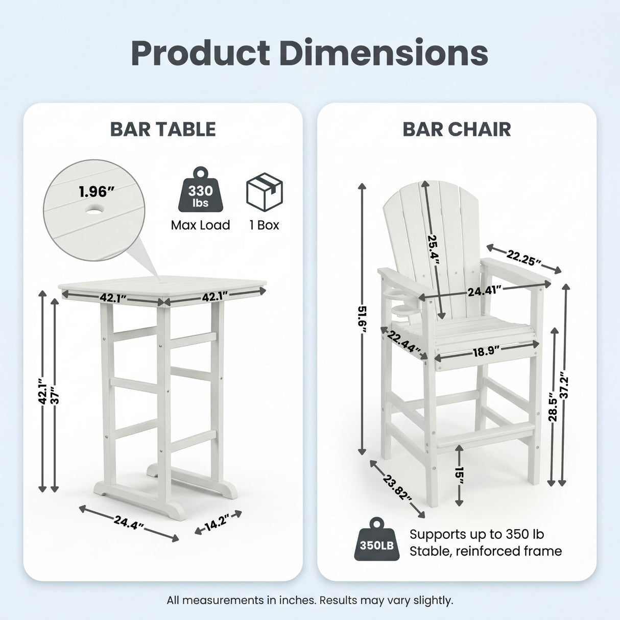 Outdoor Bar Height Adirondack Patio Chair With Cup Holder And Armrests All Weather UV Resistant - White