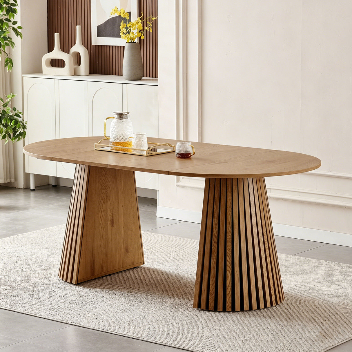 Dining Table, Flexible Extendable Oval Design With Slatted Legs - Natural Wood