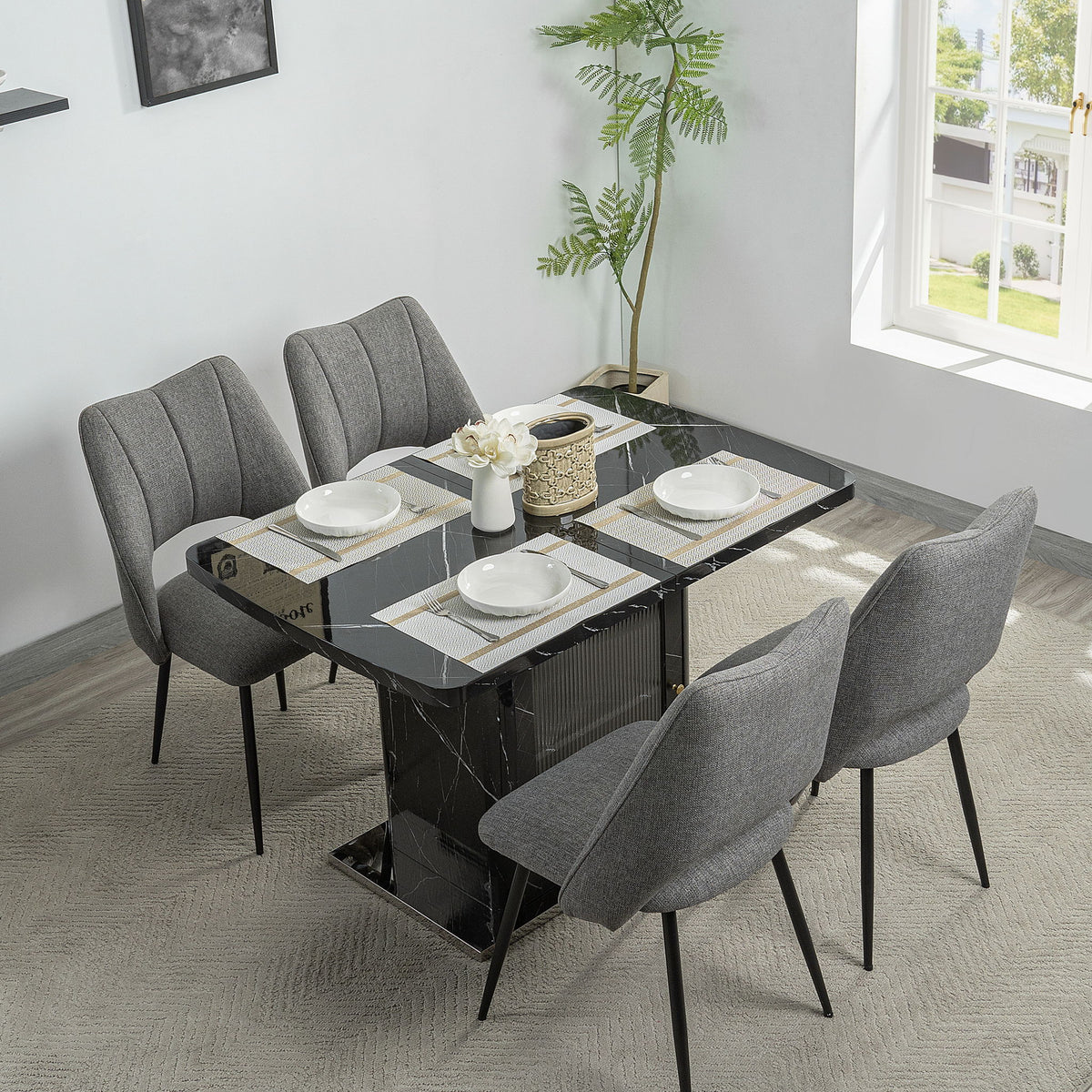 Modern Rectangle Dining Table With Stretchable Top, Storage Cabinet