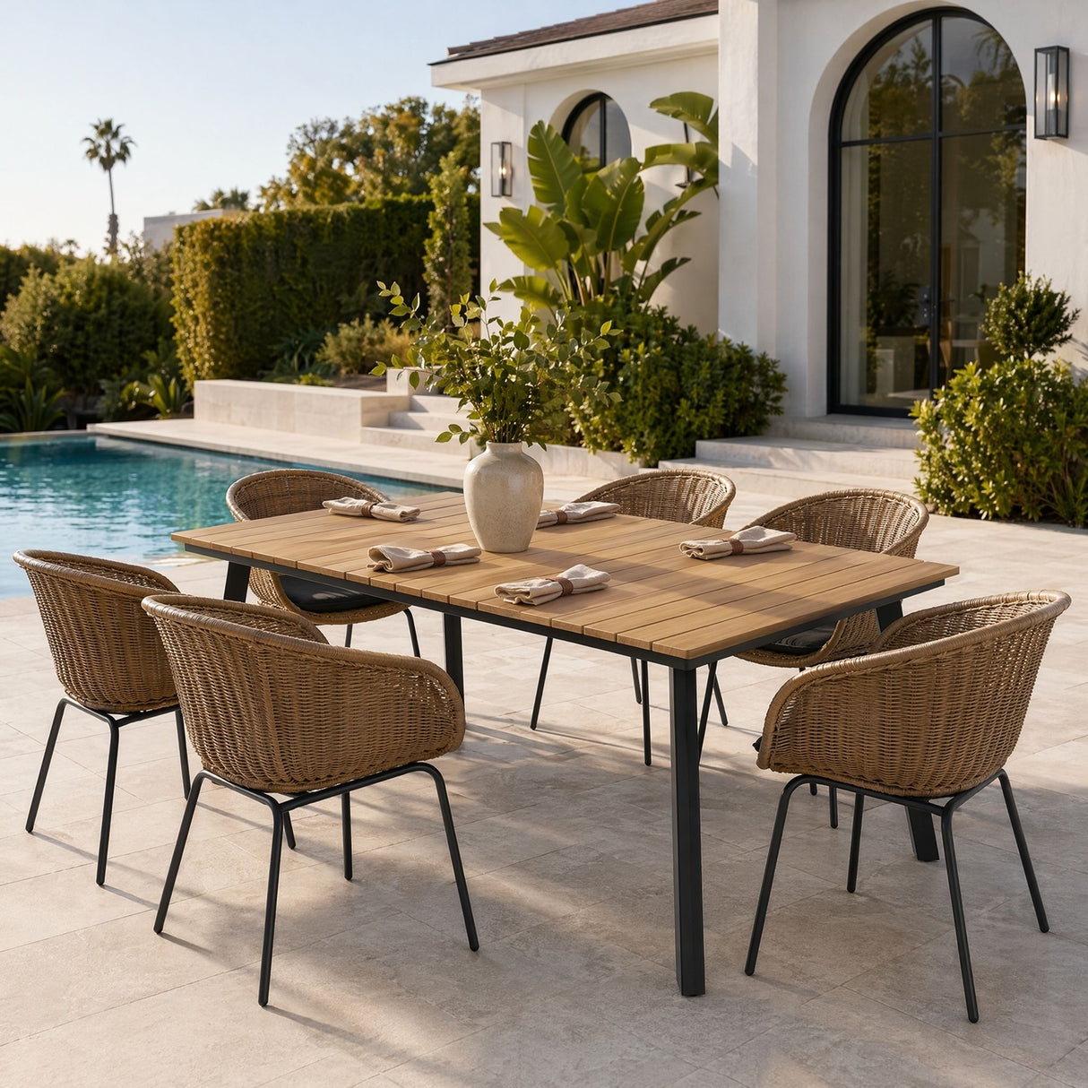 7 Piece Outdoor Patio Dining Set For 6, Conversation Set With Table & 6 Armchairs - Purple Pink Flower / Yellow