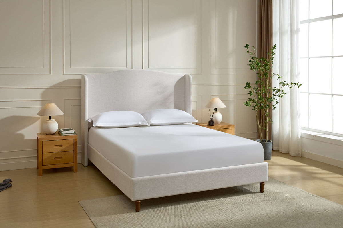 Hannah - Upholstered Wingback Bed Size / Tall Headboard Upholstered King Bed / Premium Textured Look / Minimalist Designs / No Box Spring Needed