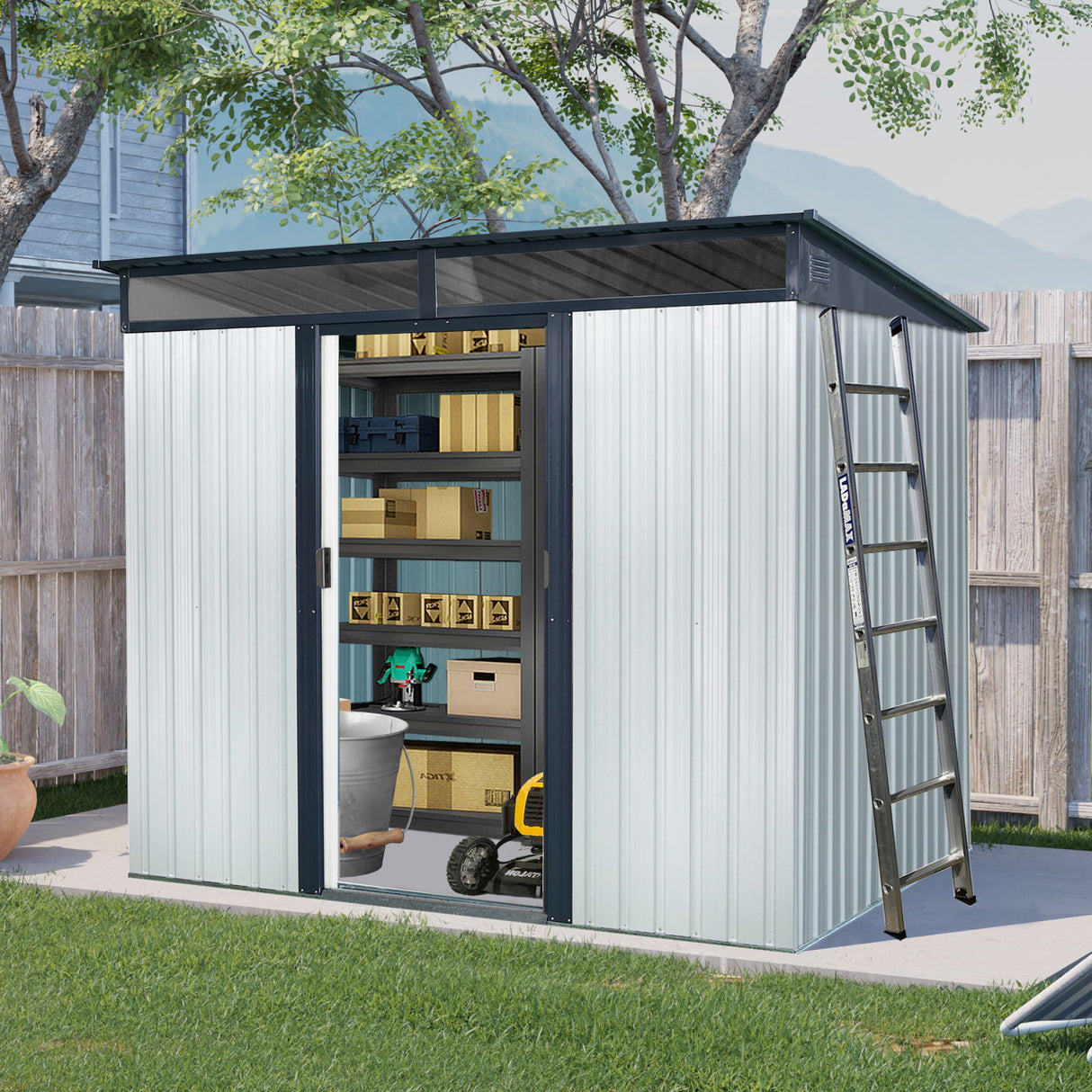 Outdoor Metal Storage Shed Garden Building with Sliding Doors and Foundation