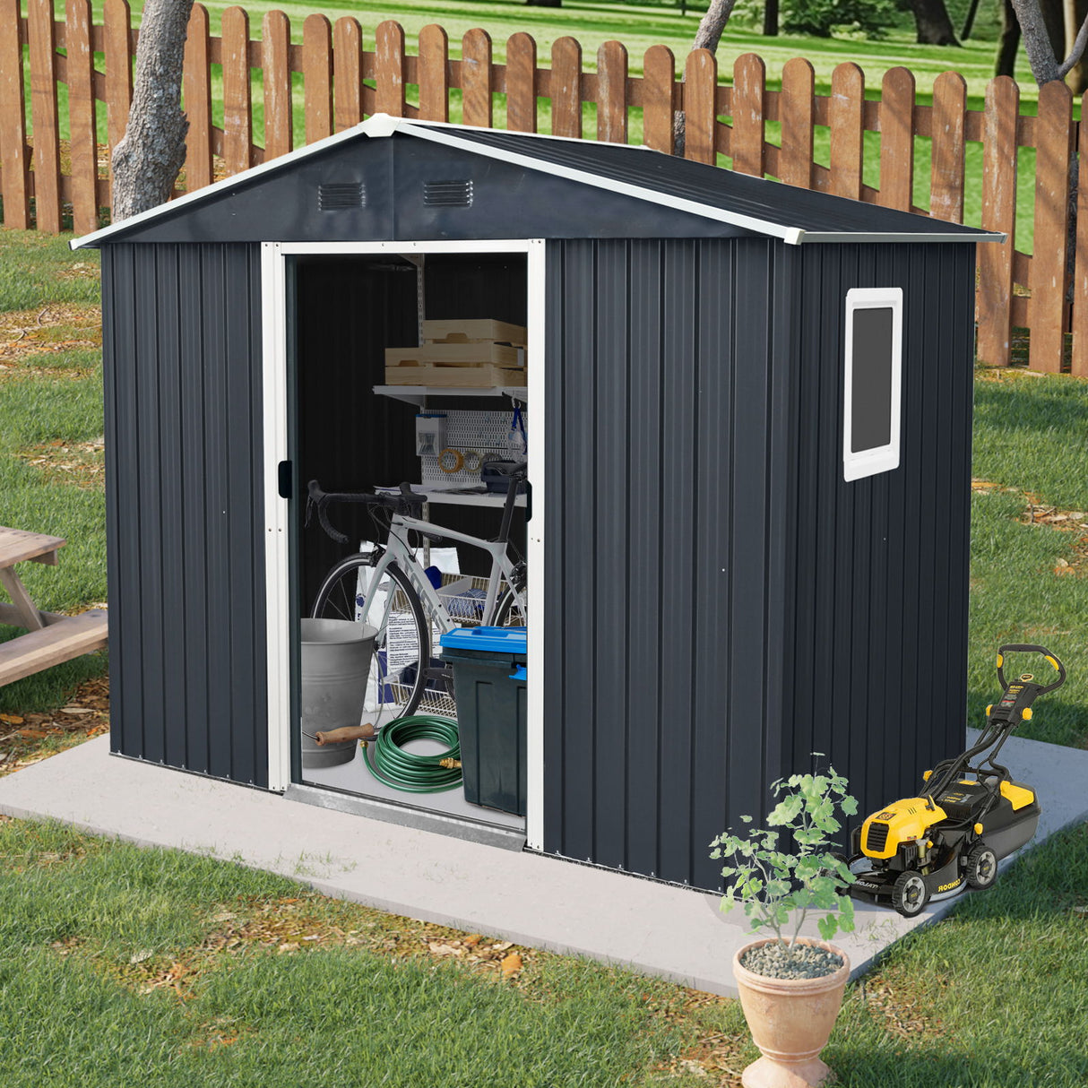 Outdoor Metal Storage Shed Garden Building with Window and Foundation 8x4ft