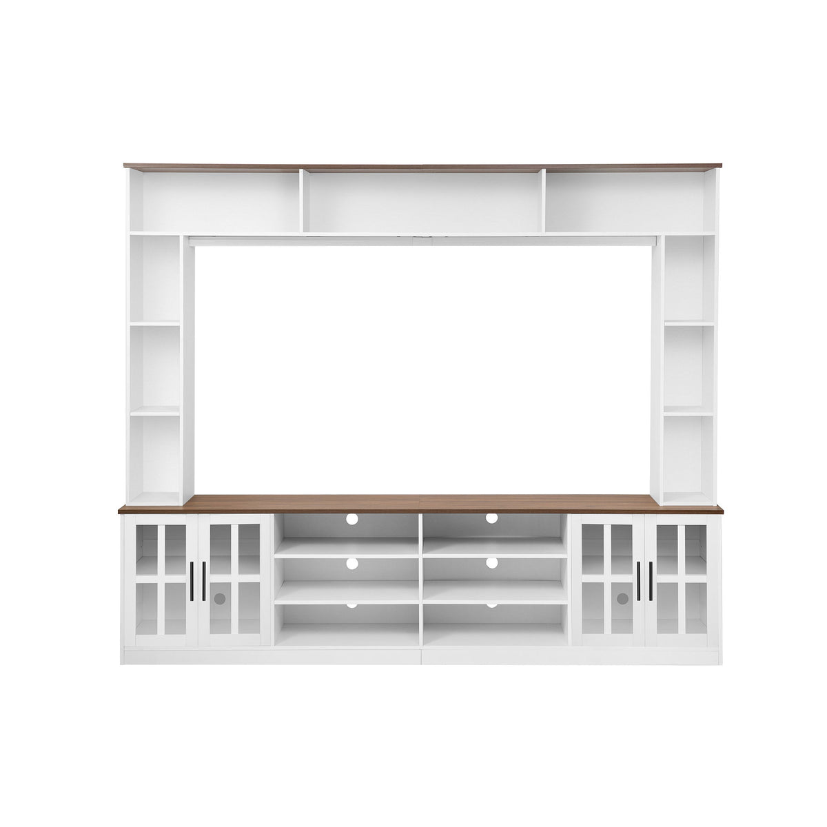 Wall Unit Entertainment Center With Bookshelves For TVs Up To 80", Tempered Glass Doors And Adjustable Shelves