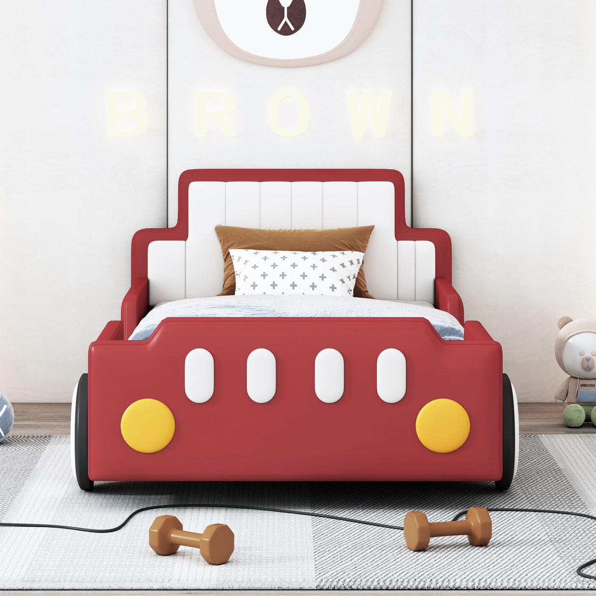 Twin Size Race Car Shaped Platform Bed & Wheels - Red