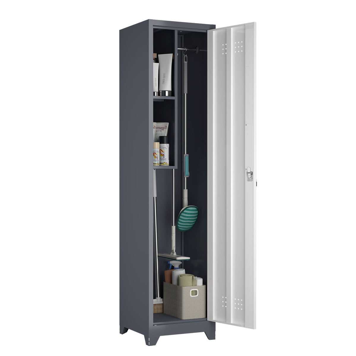 Broom Storage Cabinet, 65" Narrow Slim Utility With Hooks And Shelves, Heavy-Duty Construction - White