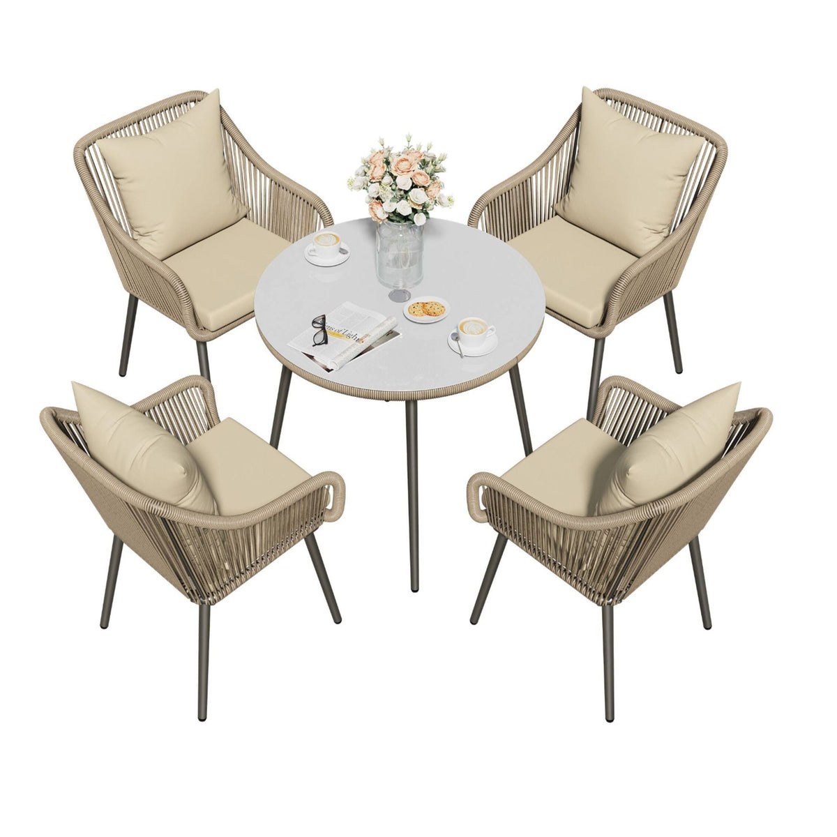 All Weather Twisted Rattan Patio Dining Set With Table And Cushions - Beige / Brown