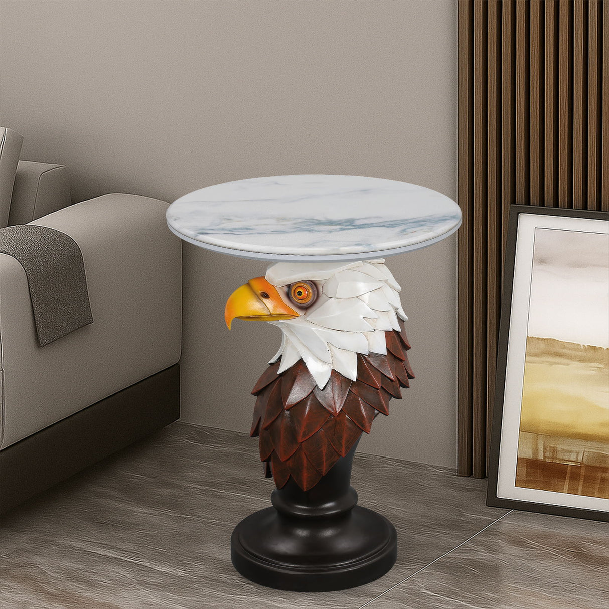 Eagle Head Accent Table, Animal Statue End Tables For Living Room - Brown / Antique White