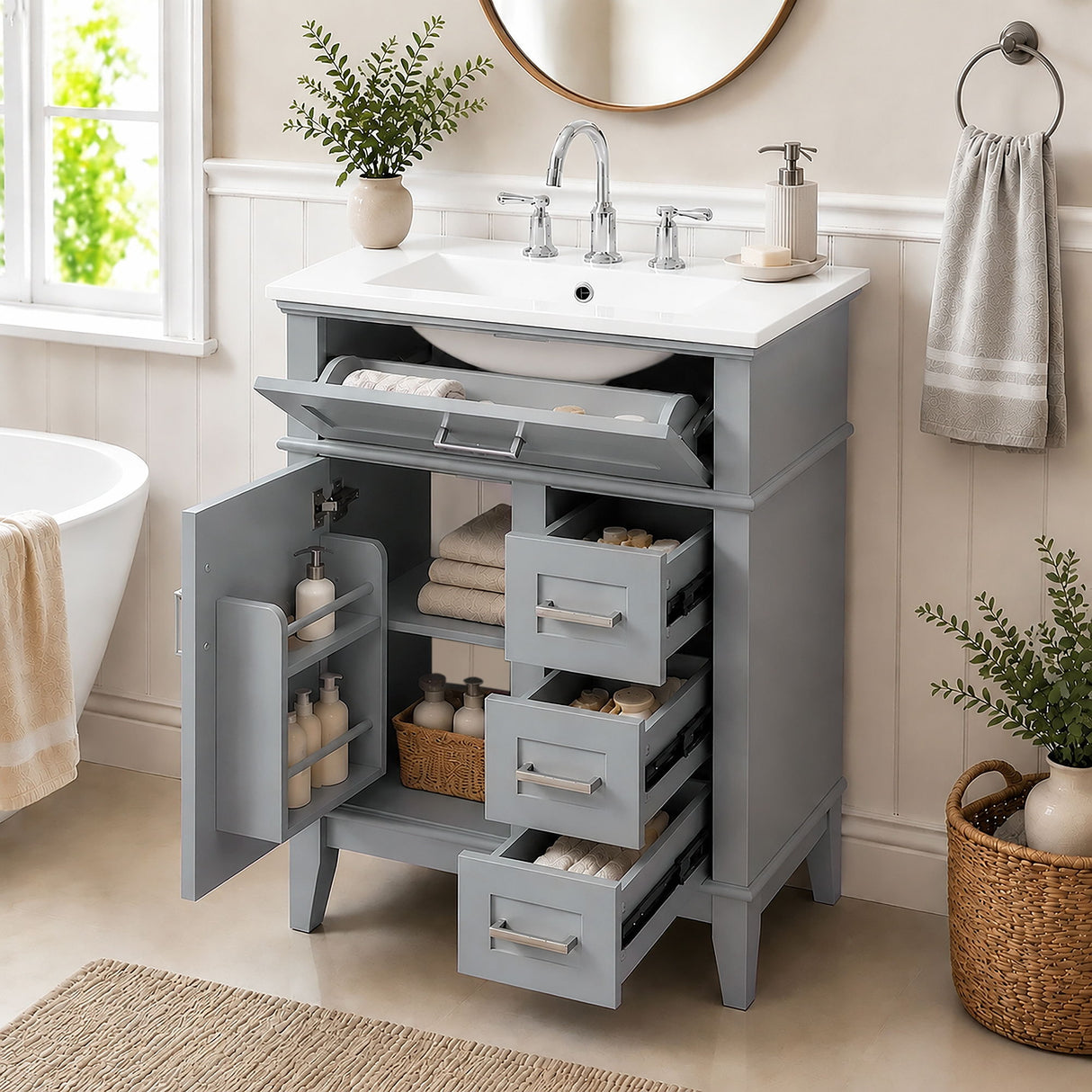 Modern Bathroom Vanity With Sink, Flip Drawer & 3 Drawers, Soft Close Hinges, Adjustable Shelf