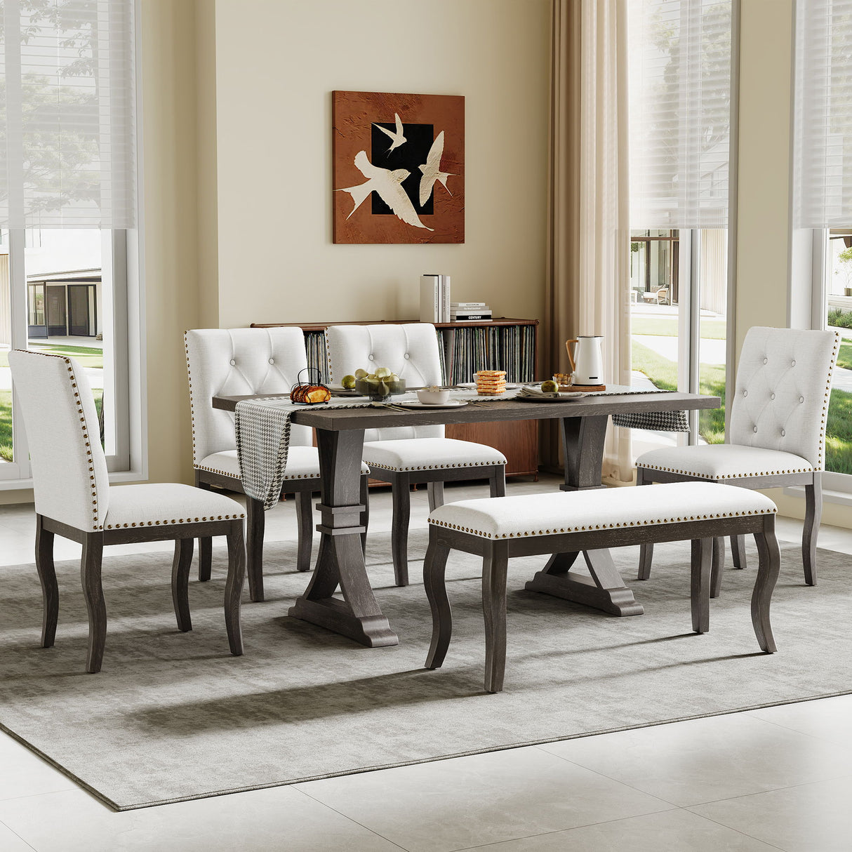 Dining Set With Bench, 6 Piece