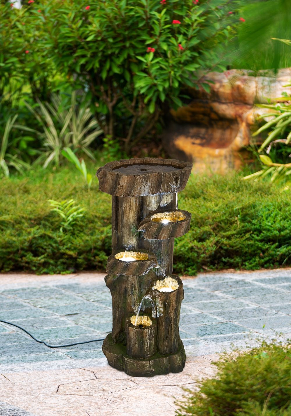Rustic Decorative Tree Trunk 5 Tier Water Fountain, With Light And Pump, For Indoor And Outdoor - Brown - Feeders & Water - Alpine Outlets