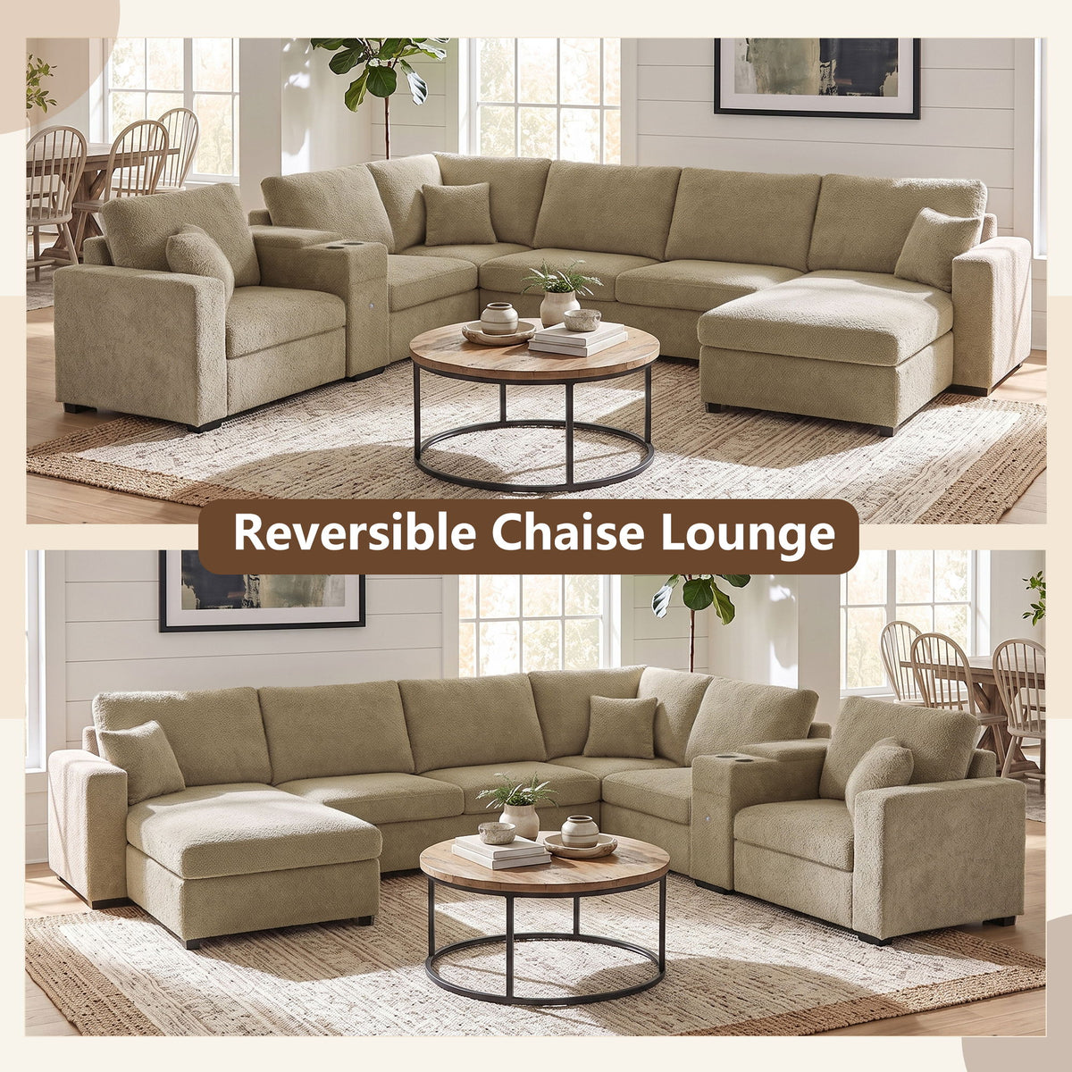 Modular 5 Seat U-Shape Sectional Sofa With Chaise Lounge, Built In Cup Holders And Storage Drawer