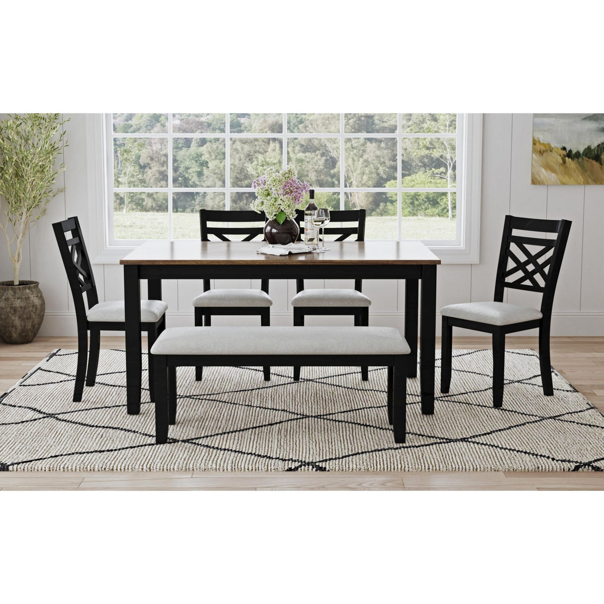 Brooks - 6 Piece Dining Set With Table, 4 Wood Back And Upholstered Seat Chairs, And Bench