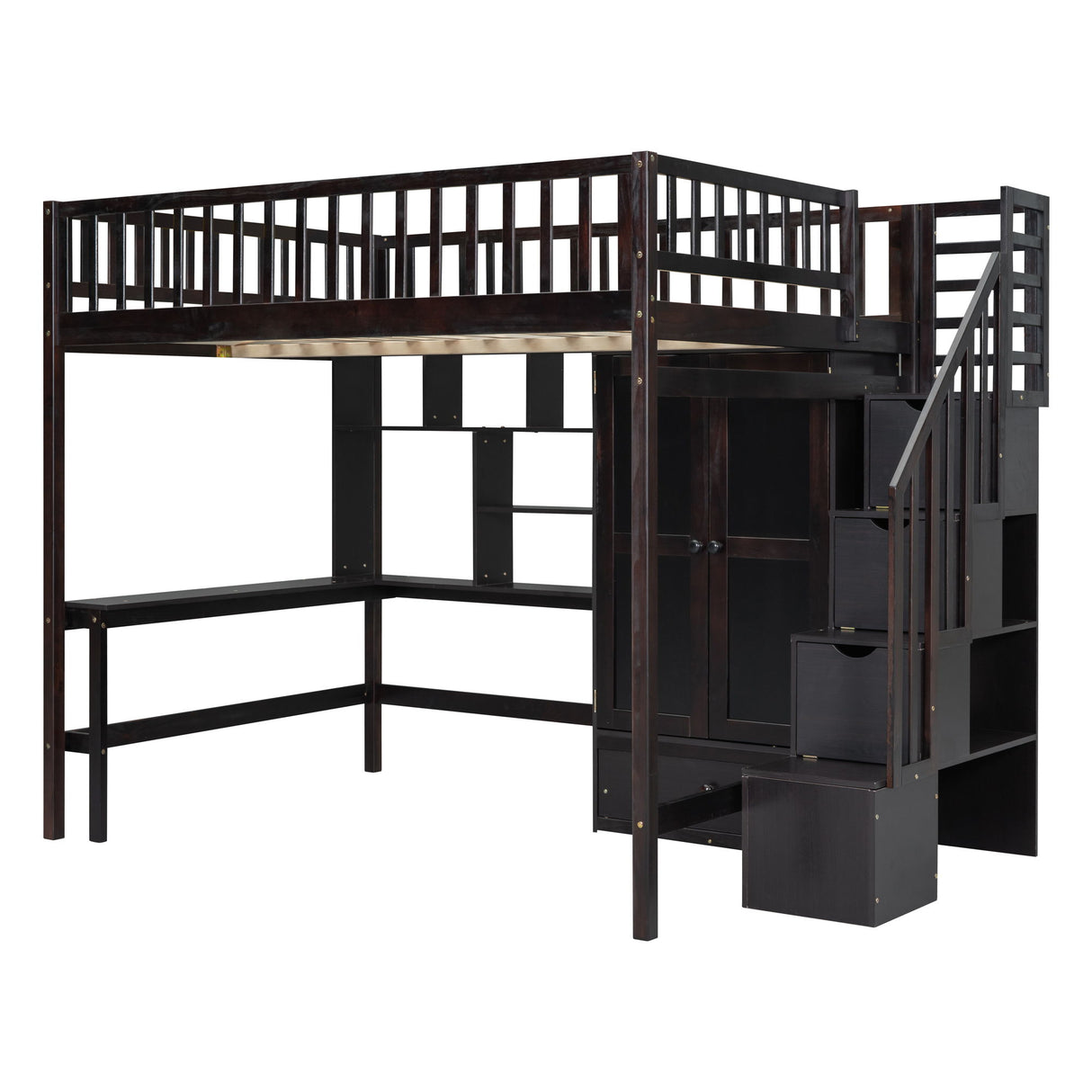 Loft Bed With Bookshelf, Drawers, Desk, And Wardrobe