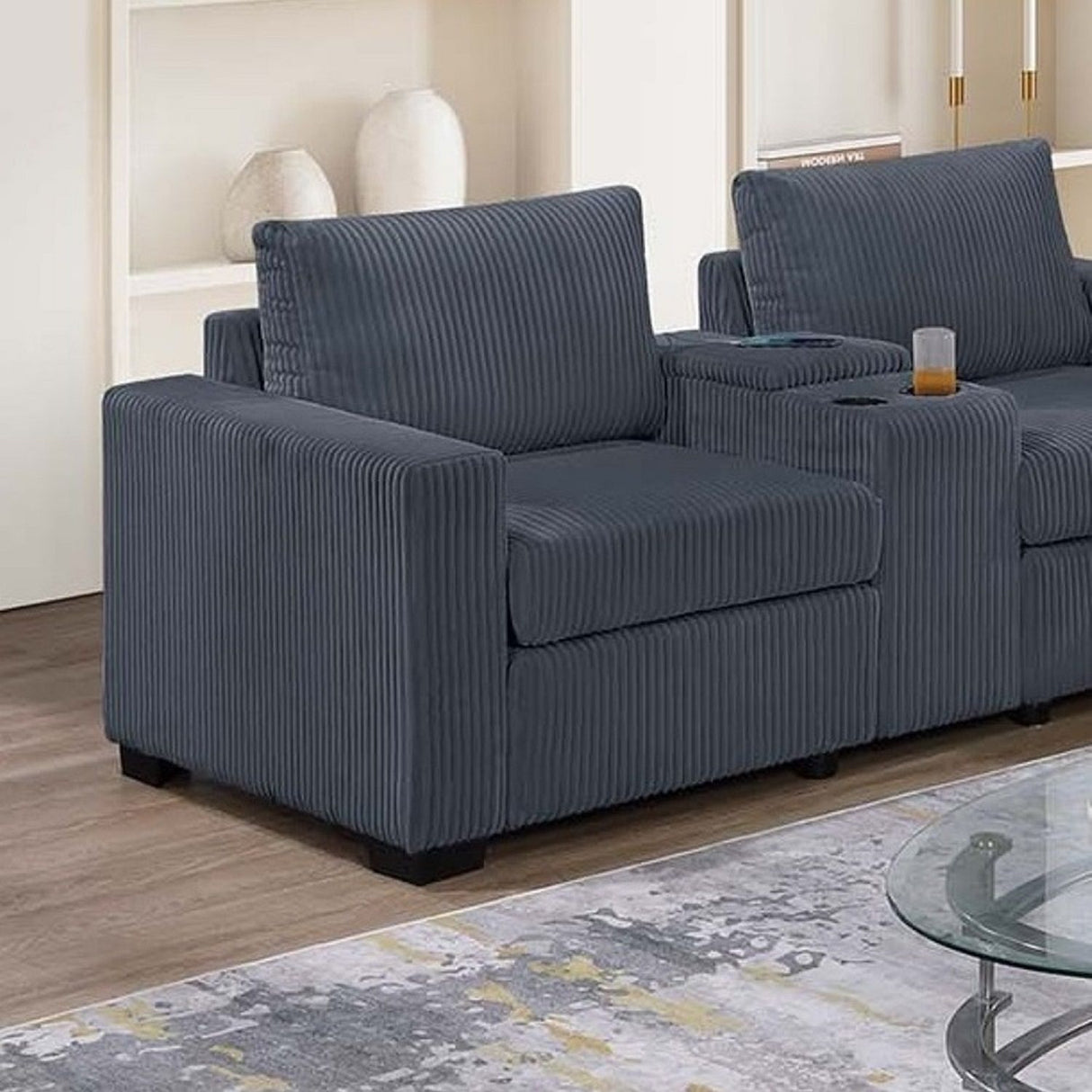 Elegant Simple Sofa Set With Console Cup Holder And Loveseat